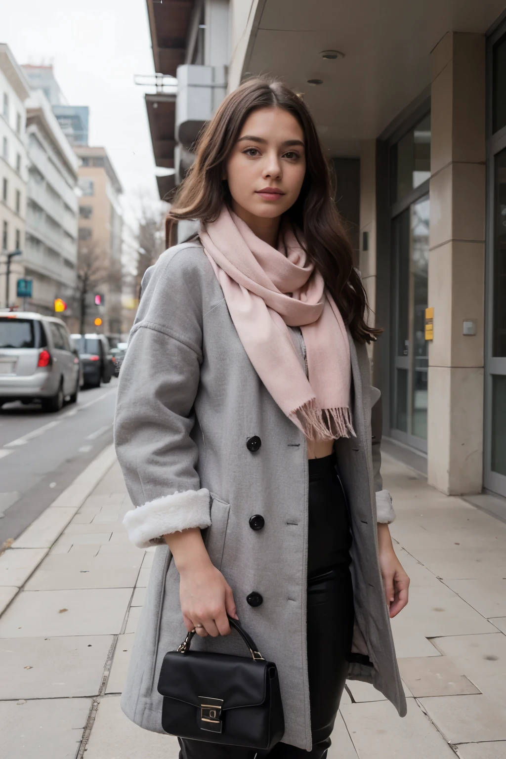 The image depicts a young woman wearing a white and pink coat with grey fur trim, a pink scarf, and a black handbag. She is standing outside, possibly in front of a building, and is dressed in a stylish and fashionable outfit.