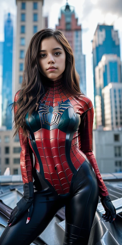 (1girl:1.3), Solo,(jortegeerry detailed face)))), ((Very detailed eyes and face)))), Photo of 18 years-old, jortega, She wears Spider-Man suit, spider, very detailed city roof background, rooftop, overlooking the city, detailed face, detailed complex busy background, messy, gorgeous, Big Breast, , Dynamic Pose, volumetric fog, 8k uhd, shot by Sony Alpha 1 combine with, Sony FE 70mm f/2.8 , high quality, film grain, fair skin, photo realism, lomography, futuristic dystopian megalopolis, translucent