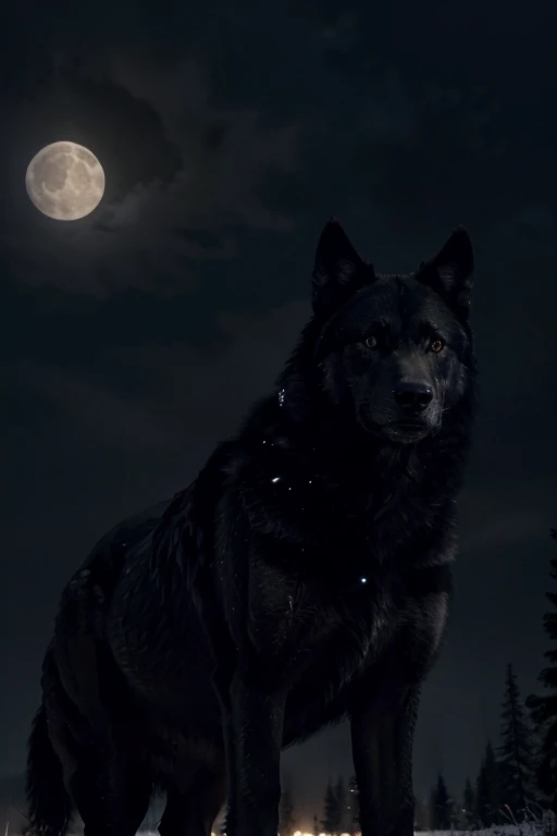 Generate a high-resolution image with advanced details in a cinematic style, depicting a large, powerful, and intimidating black wolf in a nighttime setting. Highlight the wolf's imposing presence with details that emphasize its strength and majesty. The scene should include a large and imposing moon in the night sky, creating a dramatic and mysterious atmosphere that complements the image of the wolf