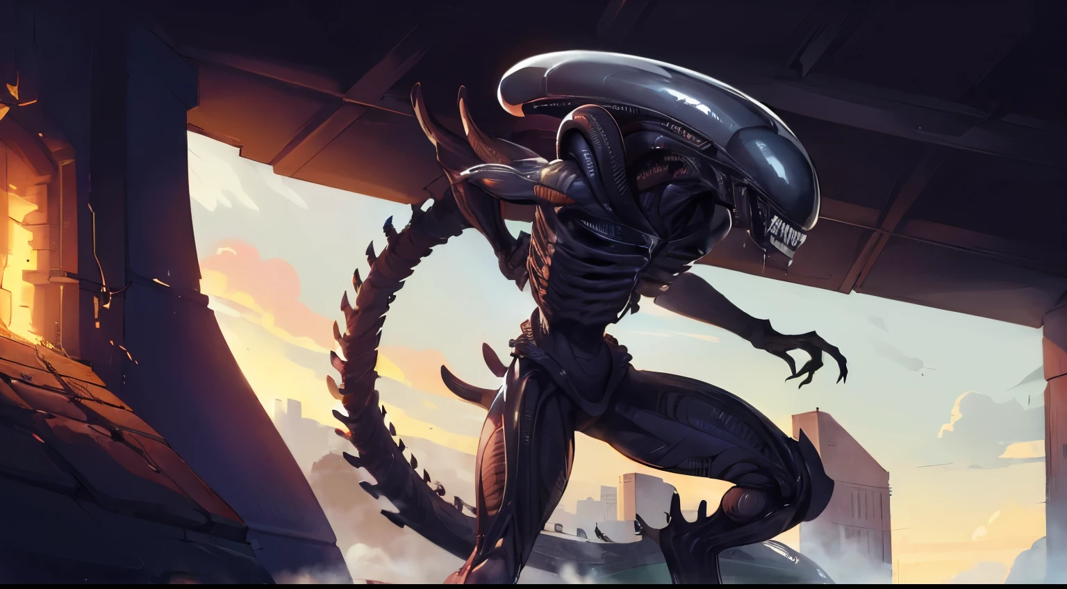 Desenhe um Xenomorfo do filme Alien, Iconic creature known for its creepy appearance and biomechanics. Be sure to include the characteristic details, as the elongated head, the double mouth with a second inner jaw, os olhos escuros e brilhantes, o exoesqueleto negro e brilhante, the sharp claws on the hands and feet, e o longo, Flexible tail. The Xenomorph should be in a threatening pose, com uma postura agressiva e intimidadora. Use sua criatividade para adicionar sombras e texturas para destacar detalhes e criar uma atmosfera sinistra, (((((Male version of the creature))))), (Kinematic), (melhor qualidade), (qualidade 8k), (corpo completo detalhado), (Pose dinamica de luta), ((masculine appearance)), (sem seios)