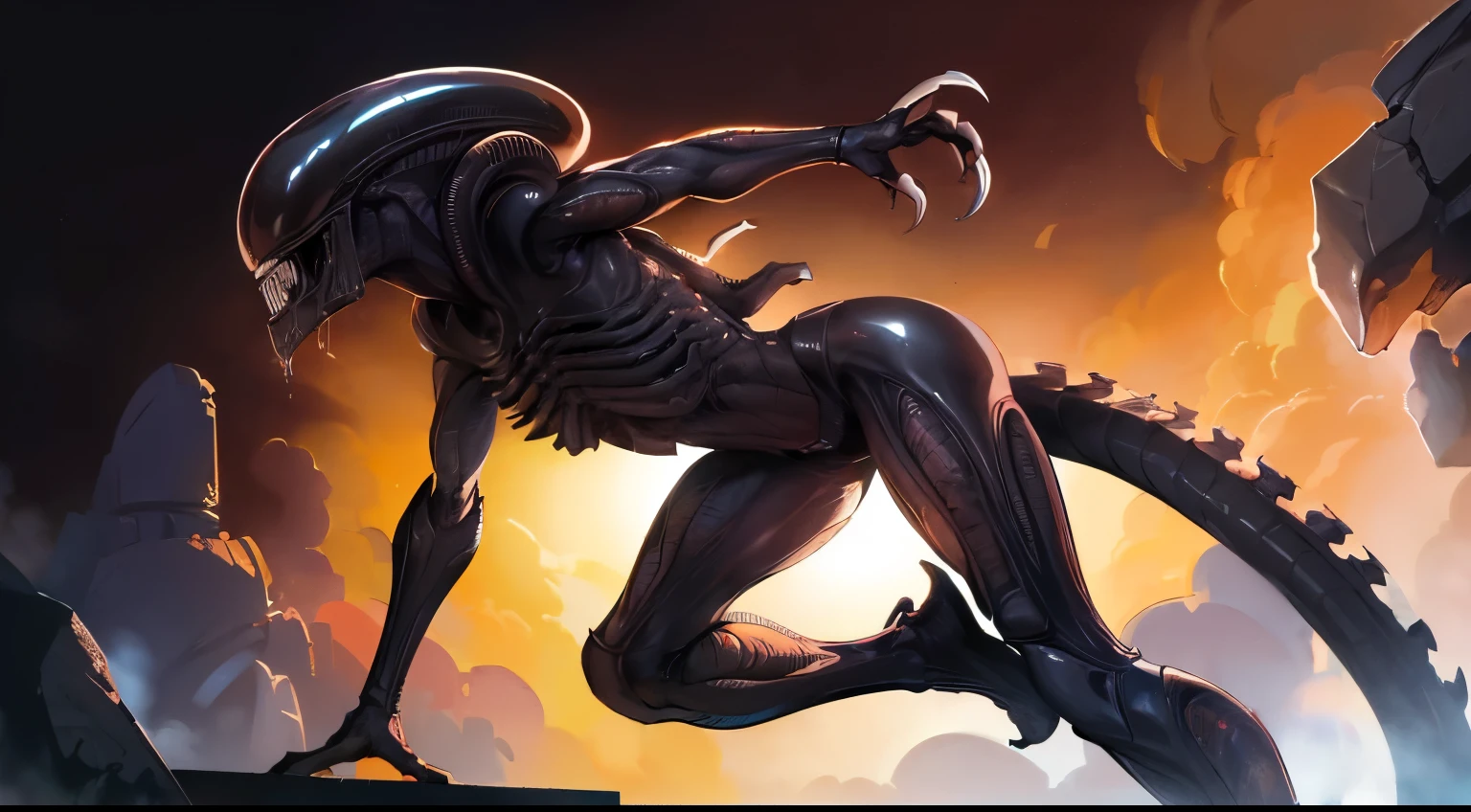 Desenhe um Xenomorfo do filme Alien, Iconic creature known for its creepy appearance and biomechanics. Be sure to include the characteristic details, as the elongated head, the double mouth with a second inner jaw, os olhos escuros e brilhantes, o exoesqueleto negro e brilhante, the sharp claws on the hands and feet, e o longo, Flexible tail. The Xenomorph should be in a threatening pose, com uma postura agressiva e intimidadora. Use sua criatividade para adicionar sombras e texturas para destacar detalhes e criar uma atmosfera sinistra, (((((Male version of the creature))))), (Kinematic), (melhor qualidade), (qualidade 8k), (corpo completo detalhado), (Pose dinamica de luta), ((masculine appearance)), (sem seios)