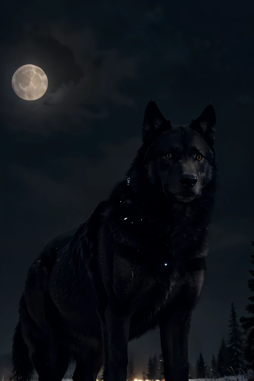 Generate a high-resolution image with rich details in cinematic style, retratando um grande, poderoso, e intimidante lobo negro em um ambiente noturno. Highlight the wolf's imposing presence with details that emphasize its strength and majesty. The scene should include a large, imposing moon in the night sky, creating a dramatic and mysterious atmosphere that complements the image of the wolf
