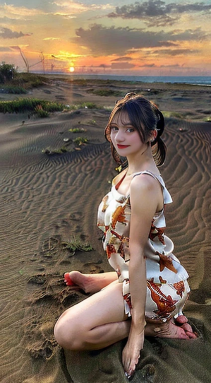 masutepiece, Best Quality, 23years old,Ultra-detailed, finely detail, hight resolution, 8K Wallpaper, Perfect dynamic composition, Natural Color Lip,(She is wearing a short Silk maple print short dress.:1.2),(Full of holes,)(Ponytail:1.3),(large full breasts,big butts),drawn action: (The girl is sitting with her legs stretched out,barefoot on the sand 1.3),,(Silk maple print short dress:1.2)20 years girl,(Full body:1.3),shot from a side angle:1.3,Enjoy the sunset,,((Sexy Pose)),Smiling,