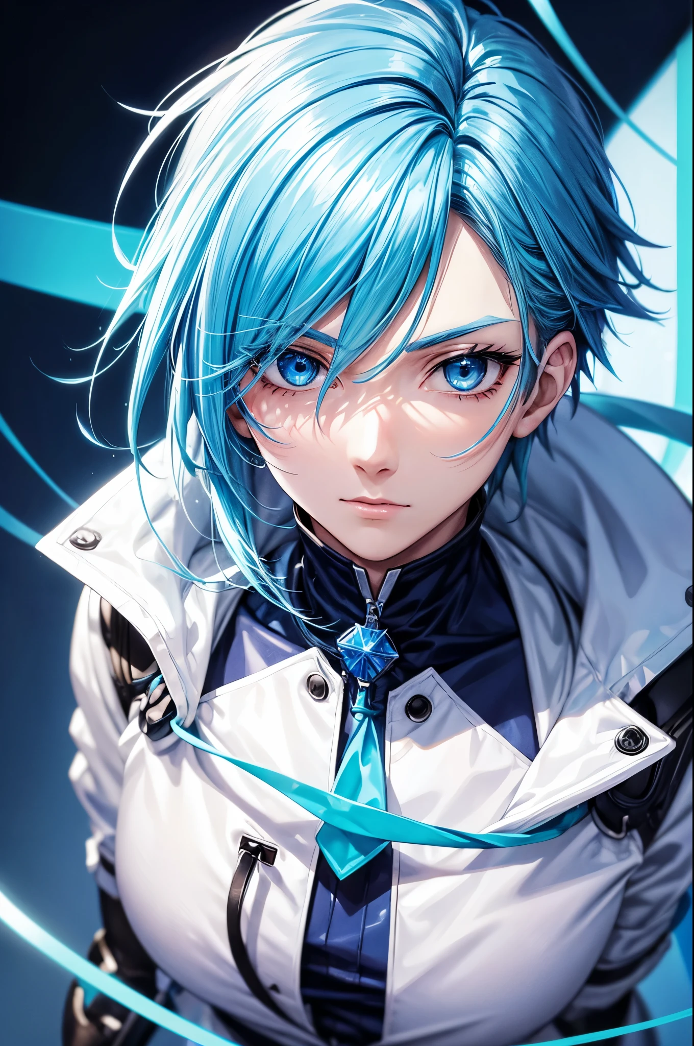 A closeup of a person with blue hair wearing a white jacket, 4D anime style, tall anime face with blue eyes, !! full body portrait!!, anime boy, moe artstyle anime, single full body character, full body!!, anime full body illustration, anime style character, full_body!!, full body model vtuber anime, blue color sorando with purchase affection