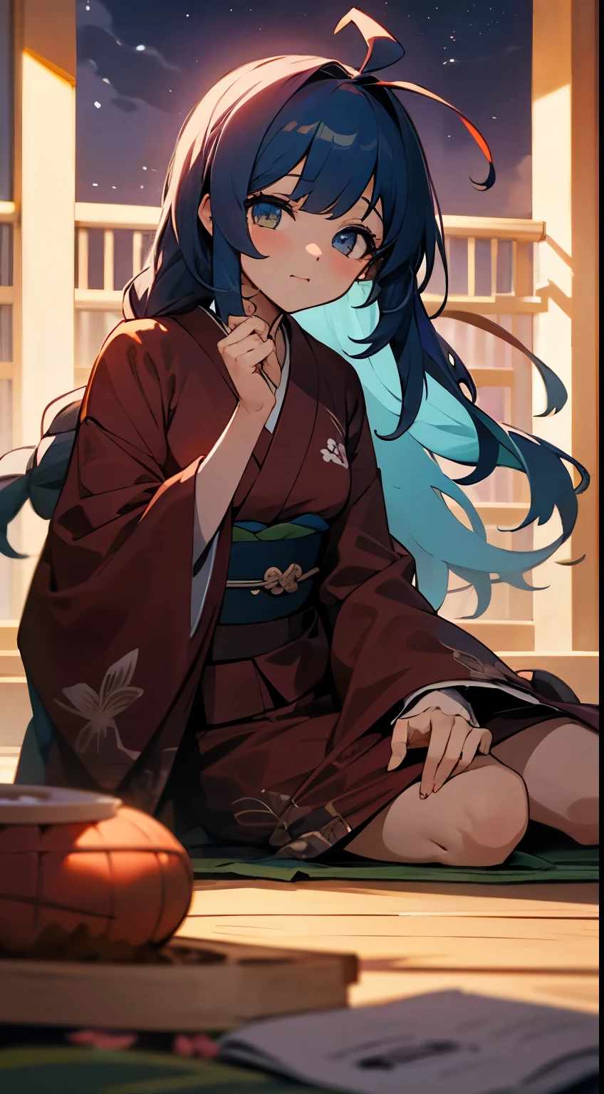 1 girl, juego CG, kimono azul floral, hombros y escote visibles, pechos gigantescos, cabello marron, Cabello largo, Trenzas, Peinado de princesa, Ahoge, ojos rosados, Noche, borracho, sonrojarse, mesa, piso para sentarse