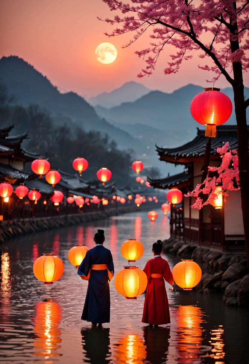 Traditional New Year's lantern festival in an East Asian hometown, river with floating lanterns, silhouette of mountains in the background, full moon, families gathering, (traditional attire:1.2) (soft ambient light) (colorful lantern glow) (serene atmosphere) (4k resolution)