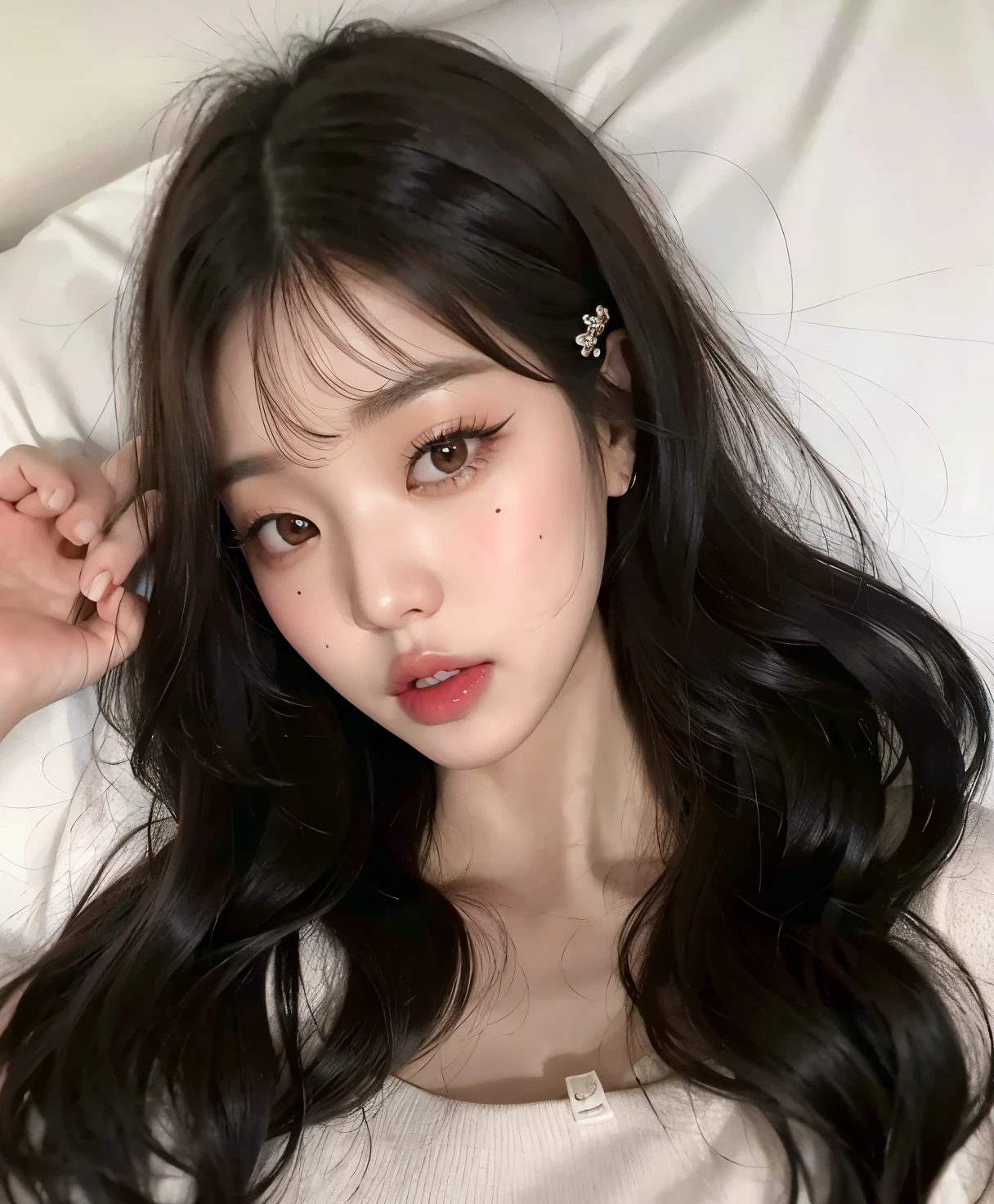 Un primer plano de una mujer acostada en la cama con una almohada, ulzzang, Chica coreana, Hermosa mujer surcoreana, Hermosa joven coreana, Hermosa joven coreana, Pelo largo con flequillo, Cabello largo con flequillo completo, Joven y adorable rostro coreano, Cabello limpio con flequillo, maquillaje popular de Corea del Sur, brown Pelo largo con flequillo, Lalisa Manobal, Jaeyeon Nam