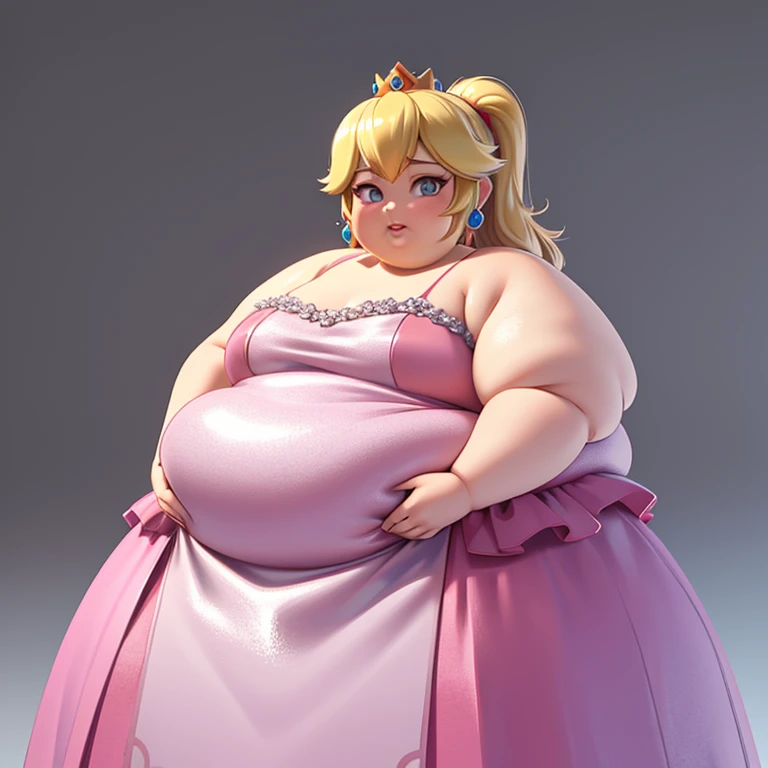 3D,3D render, global illumination, subsurface scattering, pixar style, obese Princess_Peach (wearing pink gown),, obese 1girl, blonde hair, seductive expression, sexy eyes, shiny skin, simple background