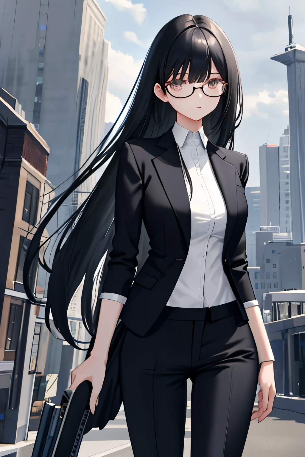 top-quality, masuter piece, ighly detailed, CG Unity, 8K, １femele, ２７age, Long limbs and slender body, thin fingers, Straight black hair, light bangs, (Pants style business suit:1.4), Round glasses