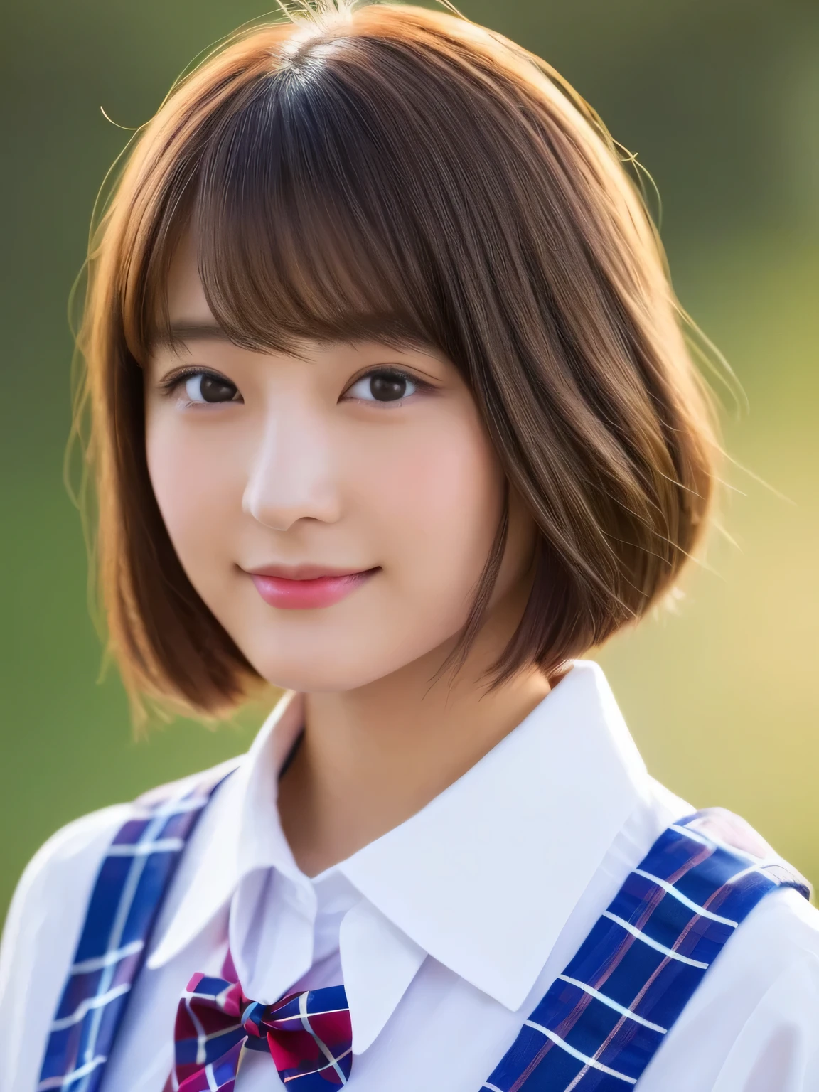 masutepiece、close up of face、front-facing view、a Japanese young pretty woman、（Bouncing cheerfully）、Gorgeous figure、Wearing a short-sleeved white collared shirt and a shiny red satin plain bow tie、Wearing a blue tartan plaid skirt、absolutely pretty face、shiny lip、Double eyelids in both eyes、Natural makeup、 long eyeslashes、shiny smooth light brown hair of medium length,、asymmetrical bangs、skin tanned、Alone in the classroom、、Headframe、image in center、8K分辨率、high detal、detailed hairstyle、A detailed face、spectacular movie lighting、octane renderings、with a vibrant、Ultra-realistic、Perfect limbs、perfect anatomia、short-hair、full body Esbian