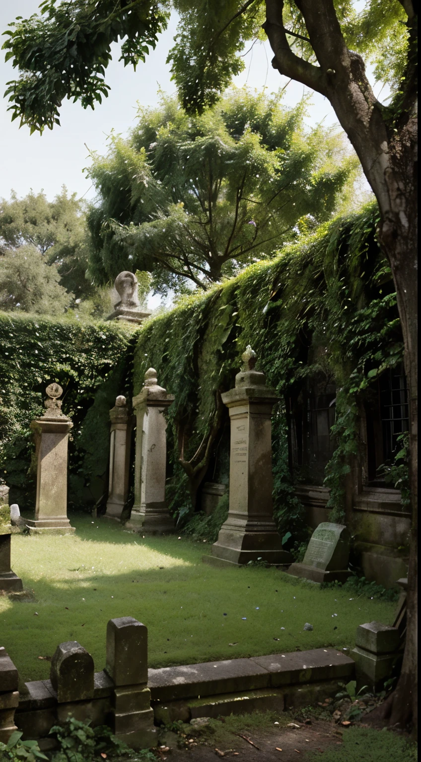 Describe the ancient, crumbling cemetery surrounded by twisted trees and overgrown with ivy.