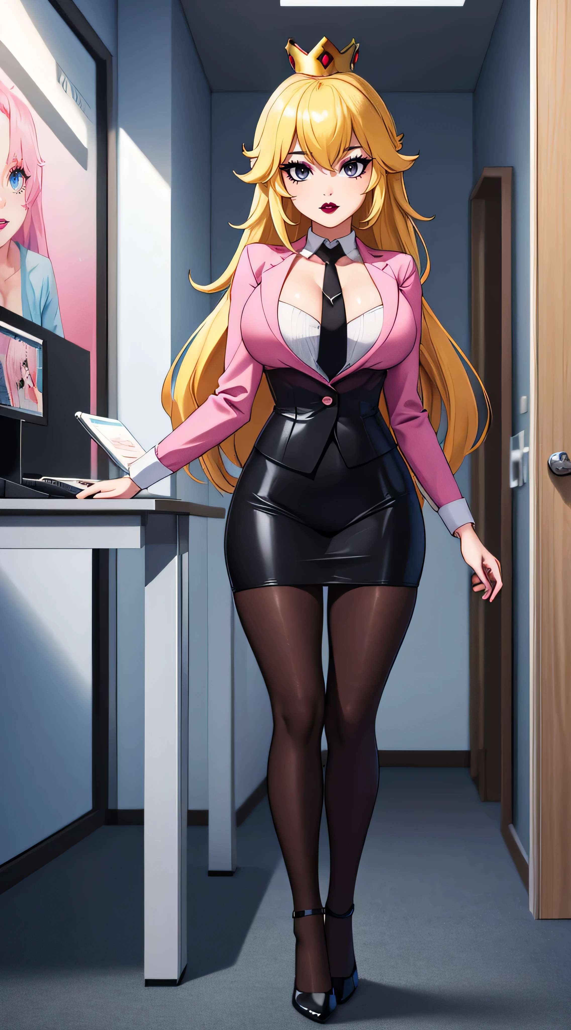 ((high detailed, best quality, 4k, masterpiece, hd:1.3)), landscape, (in office), indoors, business office, Office workers working in the office, many people are busy working, standing, window, desk, chair, computer, ceiling light, Princess Peach, BREAK neon blue eyes, seductive, attractive, sexy smile, smiling, smooth anime cg art, 34C breasts, long legs, vivid colors, detailed digital art, slim body, perfect skin, blonde hair, long hair, BREAK crown, cleavage, 34C cleavage, looking at viewer, BREAK looking at viewer, extremely detailed face, black necktie, pink pencil skirt, pink jacket, white shirt, full body, (pink high heels), earrings, gem, dark black makeup lips, dark gothic eyeshadows, dark eyeshadows, black eyeshadows, black sexy lips, black lips, (dark:1.2), dark lips, very dark lips, (perfect hands, perfect anatomy), black makeup, detailed fingers, five fingers per hand, 5 fingers, (1 girl), detailed lips, detailed black lips, black painted lips, gothic painted lips, BREAK night, (breast focus), (breasts out:1.3), (arms outstreched:1.2), (from below:1.1)