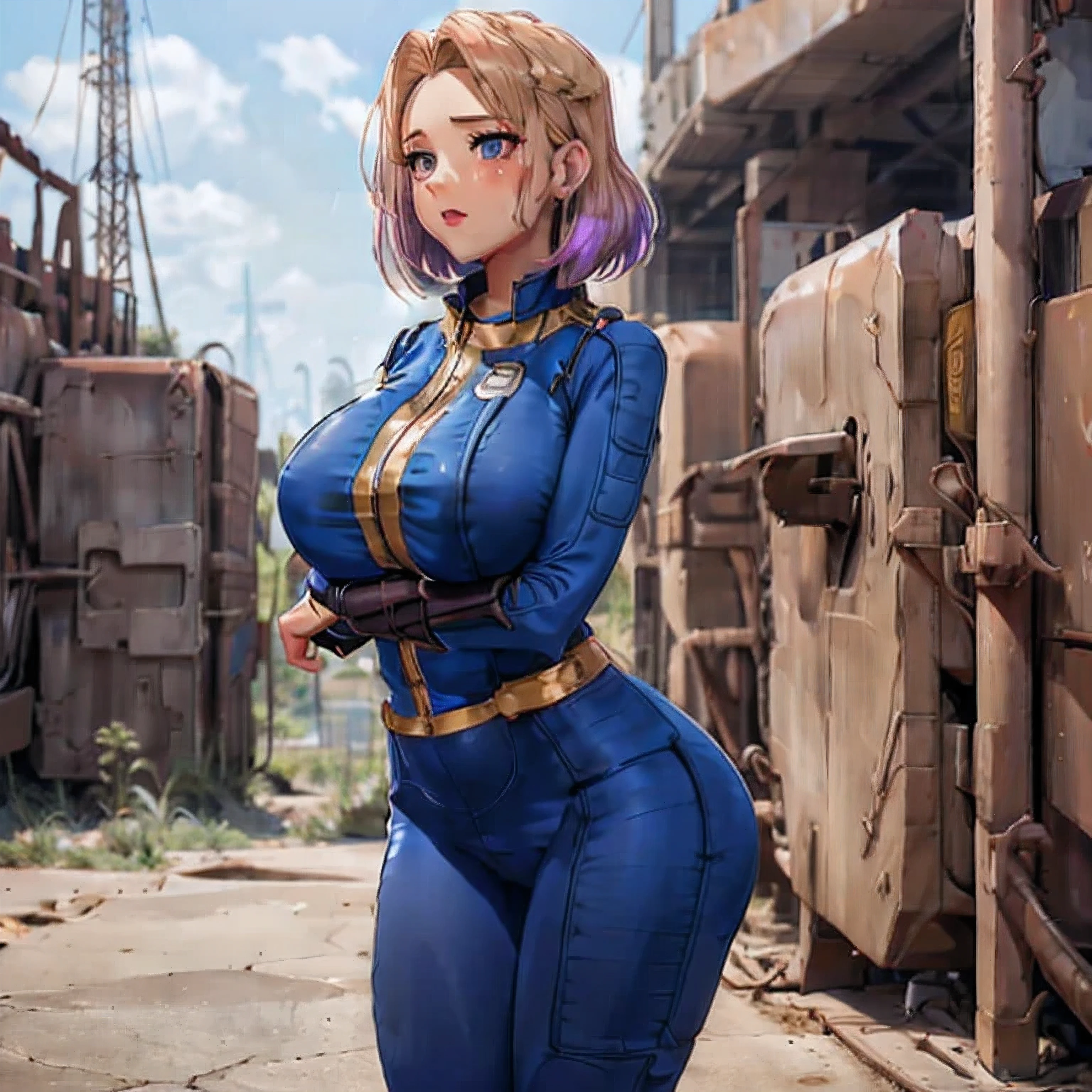 Vault-girl, vault 111 jumpsuit, 1girl, bursting breasts, breast expansion, big breasts, crossed arms, purple pupils, blushing, medium blonde hair,