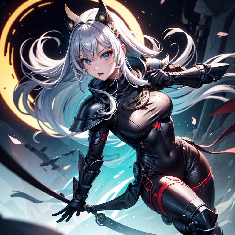 Best image quality,girl,8K分辨率,artworkull body shot shot,fang,long whitr hair,whaite hair,goggles,mouth mask,Mechanical prosthetics,armour,Martin boots,Close-up,illustratio,style of anime,ninja clothes,arma,Combat posture,Night scene