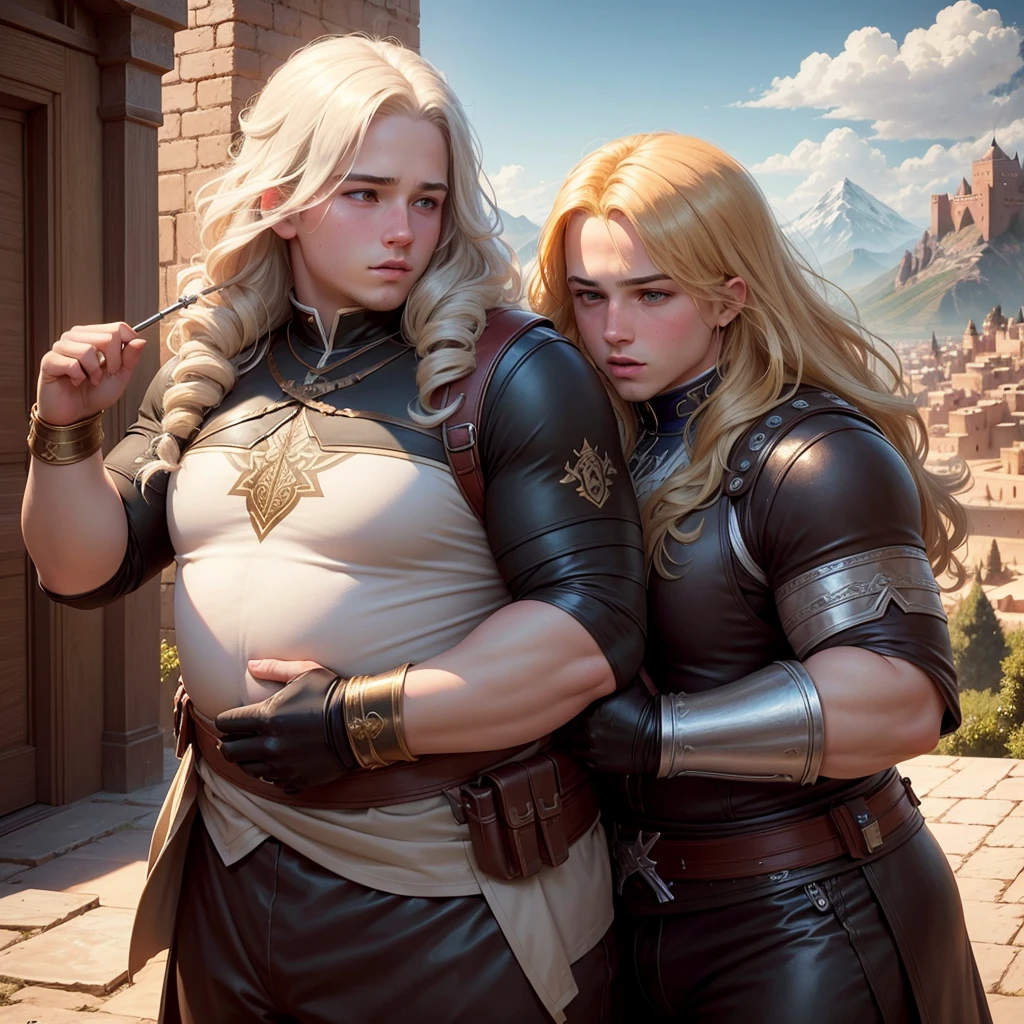 Two 12 years old chubby fat plump gays boys molesting each other sensually. (masterpiece),(best quality), cute detailed digital art, beautiful face, long blond hair, hair up, castle, mountain, latex in assassin creed theme, morocco