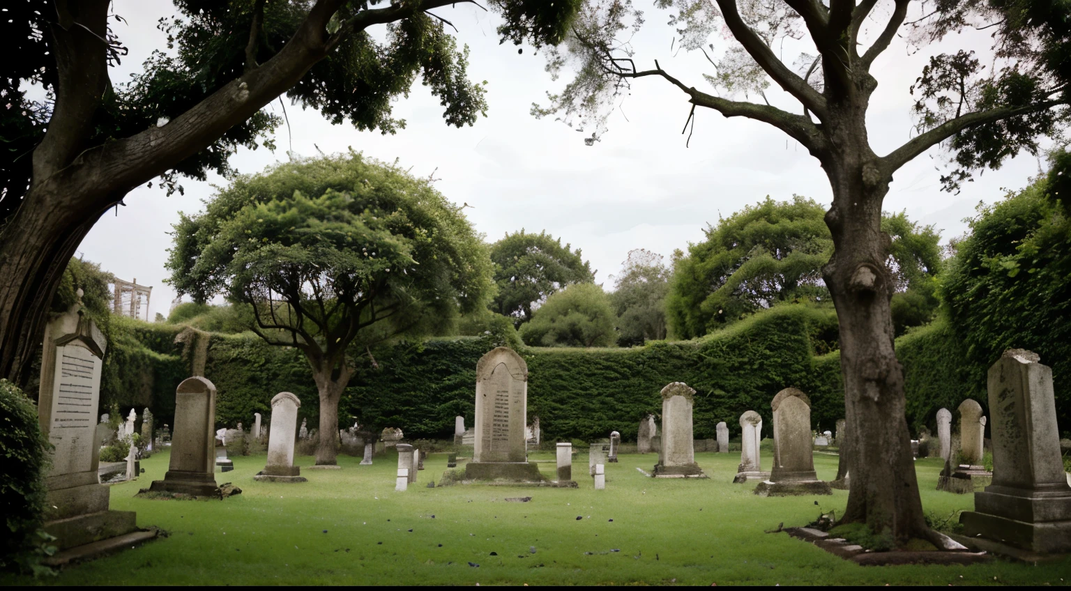 Describe the ancient, crumbling cemetery surrounded by twisted trees and overgrown with ivy.