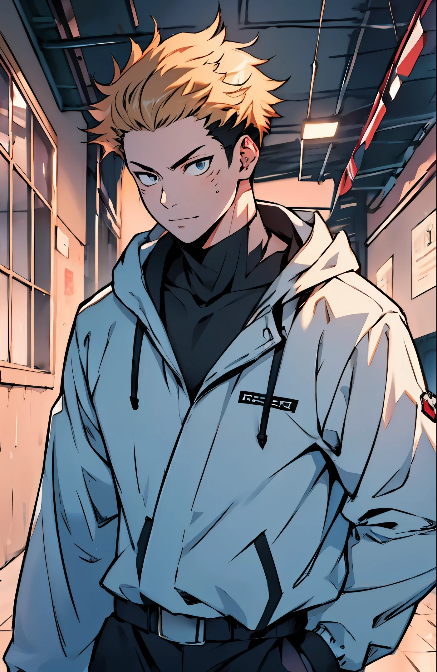 A mais alta qualidade, 8K, image high resolution, estilo Jujutsu Kaisen, Detailed strokes, natural lightting, (angulo de perto), 1 homem, jovem, masculo, modelo, desfilando em uma passarela com pessoas assistindo o desfile , musculoso, cabelo vermelho, wearing a cold jacket , pants marking the crotch, olhos marcantes, with the shirt, swollen chest