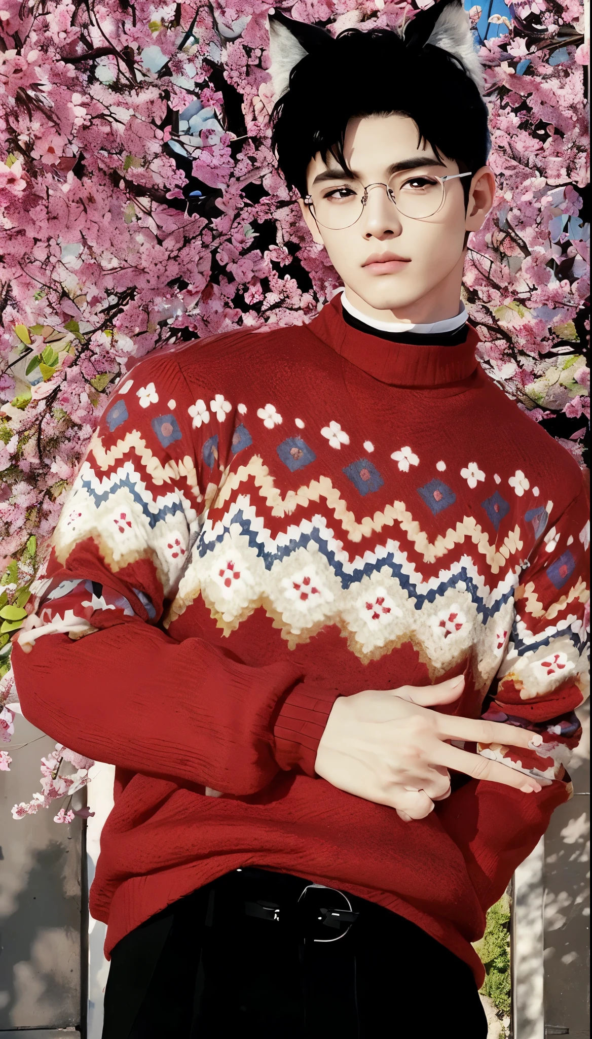 Photorealistic a standing young man peace finger pose, stunningly beautiful, black cat ear, round glasses with silver frame, wearing a red turtleneck sweater, round glasses with silver frame, (top-quality, 8K, 32K, ​masterpiece, nffsw:1.3), A high resolution, (Photorealsitic:1.4), Raw photography, Detailed face, Beautiful curtain black hair, ((young man style)), Black long pants, Natural makeup, Perfect Lighting, depth of fields, Beautiful shadow gradient,