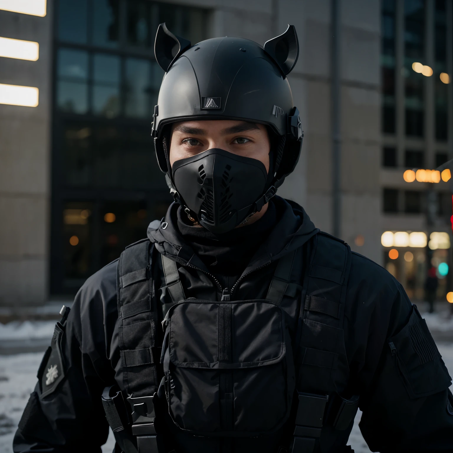 Special force outfit with ski mask and tactical helmet and UTA UNIVERSAL TACTICAL ALLIANCE Rhino D-Defense Fortress Tactical Vest and tactical logo