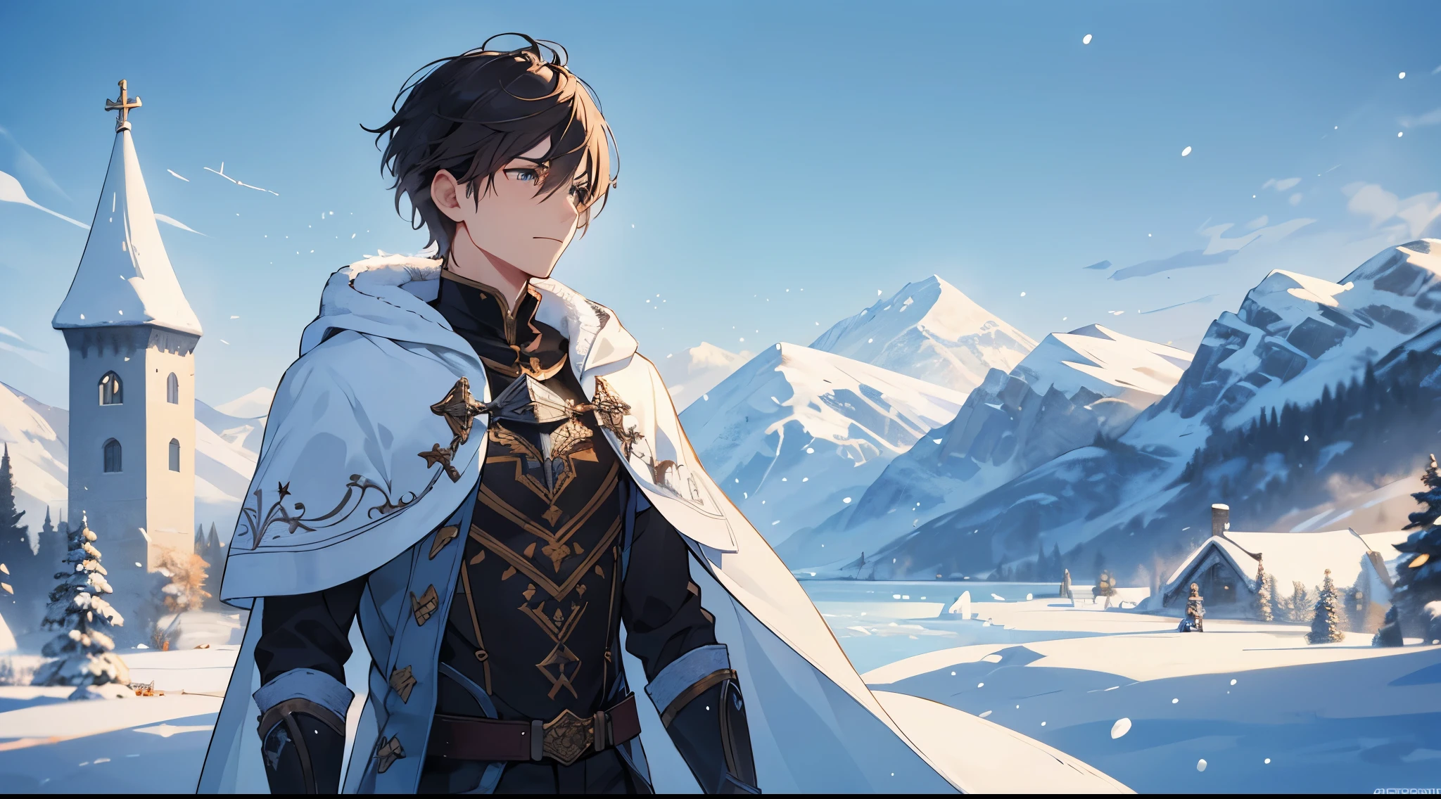 [[[ ultra-detailed, best quality]]] male bard, short hair, medium body built, winter bard clothes, winter castle, winter, glacier, winter background, snow