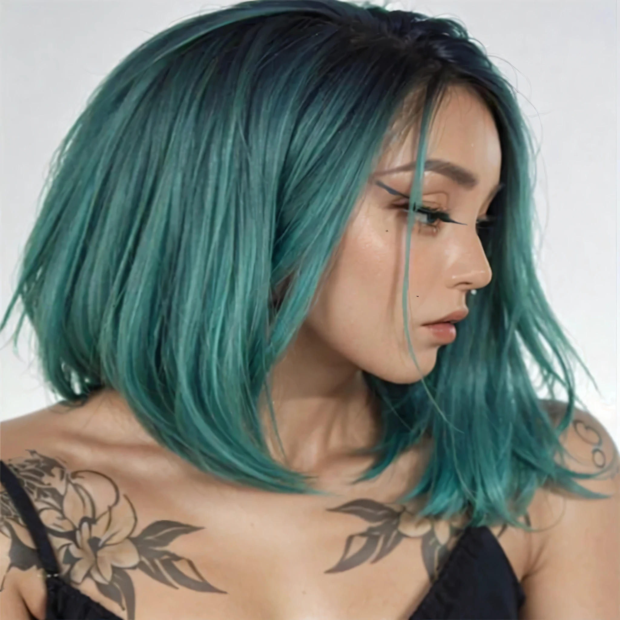 uma mulher com cabelos verdes e tatuagens no peito, cabelos curtos verdes, cabelos escuros verdes, cabelo marejado, bobcut verde curto, cabelos verdes curtos e despenteados, cabelos verdes, cabelo turquesa, peruca verde bob mod, cabelo ondulado verde, ((tons de azul esverdeado)), pelos de folhas verde-escuras, cabelos verdes e pretos, cabelo curto aqua azul preto desbotado, piercing septal, tattoo on collarbones, delineado no olho, Japanese traits