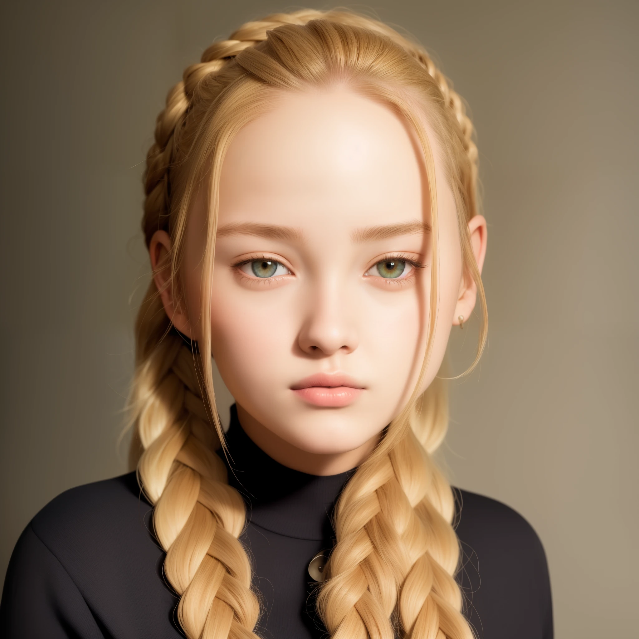 photorealistic portrait of a 18 years old girl, blonde, braids, white polo shirt