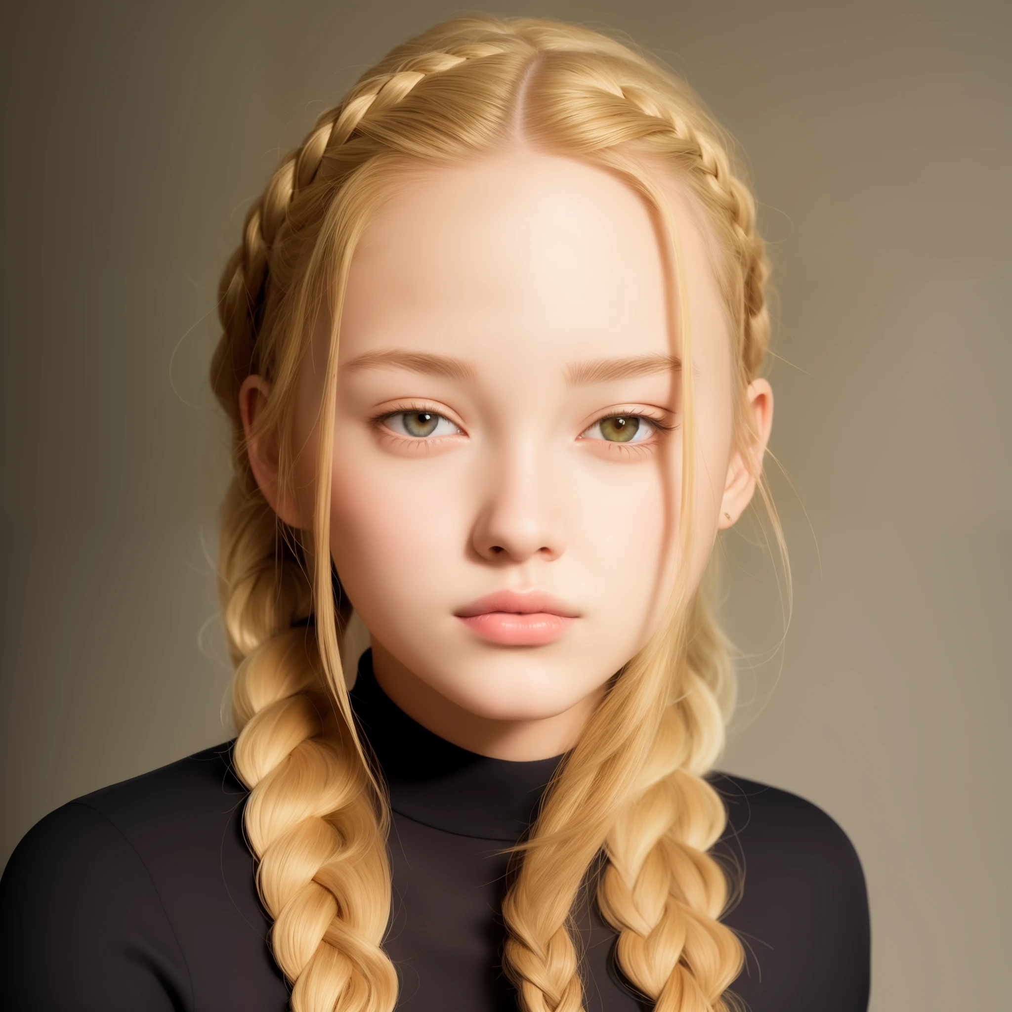 photorealistic portrait of a 18 years old girl, blonde, braids, white polo shirt