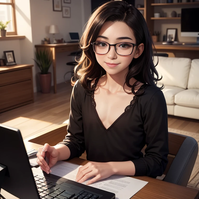 (Cute boy), long dark brown curly hair, wearing casual outfit, living room, brown eyes, perfect, highly detailed, (flat chest:1.3), 25 years old, (small square glasses:1.1), (curvy body:0.9), hairless face, shy smile, playing on computer