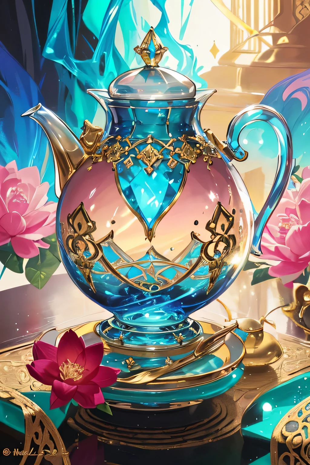 there is a tea pot with a diamond on it on a plate, 8k high quality detailed art, the sacred cup of understading, jeweled, intricate, colorful, masterpiece, high detailed colors, sharp focus, gilded lotus princess, surreal tea party, highly detailed scene, beautiful, fantasy, official artwork, diamond tea with golden accents, radiating light, amidst brilliance, symetrical hyperdetailed texture, pearl filigree, concept art, artstation, perfect composition,
