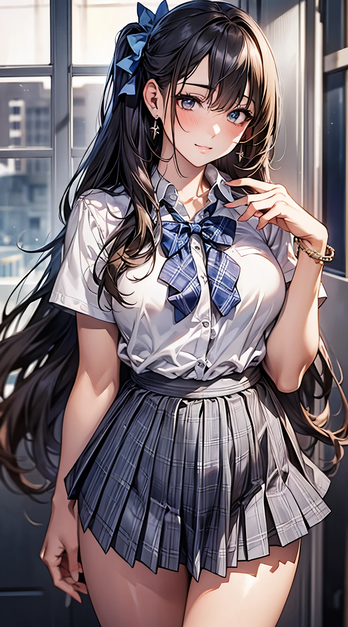 (masterpiece:1.2, top-quality), (realistic, photorealistic:1.4), beautiful illustration,
looking at viewer, full body, front view:0.6,
1 girl, japanese, high school girl, (long hair:1.5), blown hair, (half up, half updo), bangs, hair between eye, large breasts:0.8,
beautiful hair, beautiful face, beautiful detailed eyes, beautiful clavicle, beautiful body, beautiful chest, beautiful thigh, beautiful legs, beautiful fingereautiful scenery), , school,
((collared short sleeve shirt, white shirt, school uniform, grey plaid pleated skirt, blue plaid bow tie)), white panties,
(standing, , lift up skirt, grab the hem of the skirt, hands on chest, hand between leglush, ,