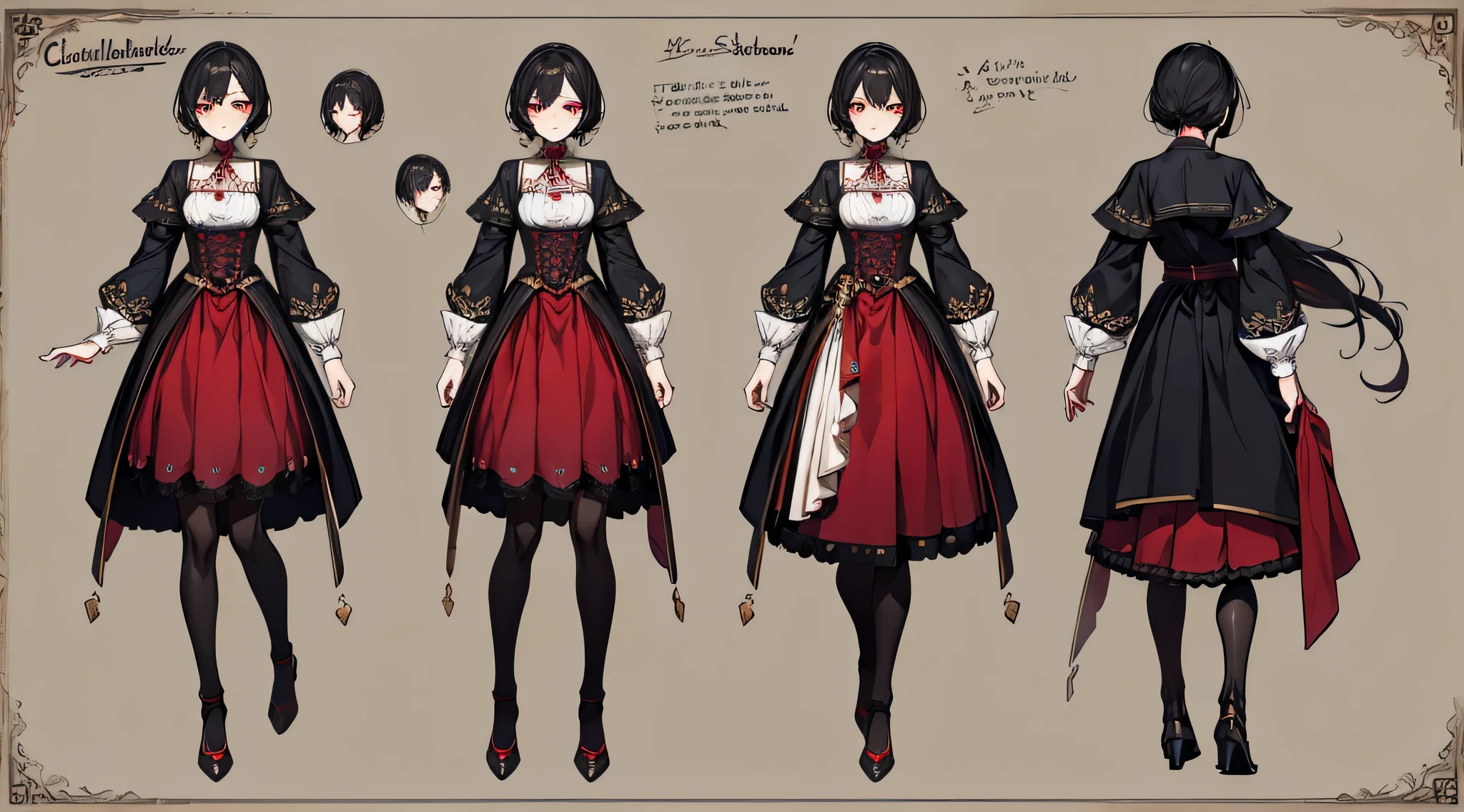 ((tmasterpiece)),(((best qualtiy))),(CharacterDesignSheet,Same role,frontage,Lateral face,on back),1 Red Devil,独奏,Short black hair,tiny hornuck teeth,red eyes,tmasterpiece,best qualtiy,looking around a corner,full bodyesbian,Height 160cm,A detailed,ssmile,Bikini costumelack rope,Chain as an accessory,charturnbetalora,concept-art,concept art of character,Character sketches,reference sheet,Role table,(simplebackground,white backgrounid: 1.3)