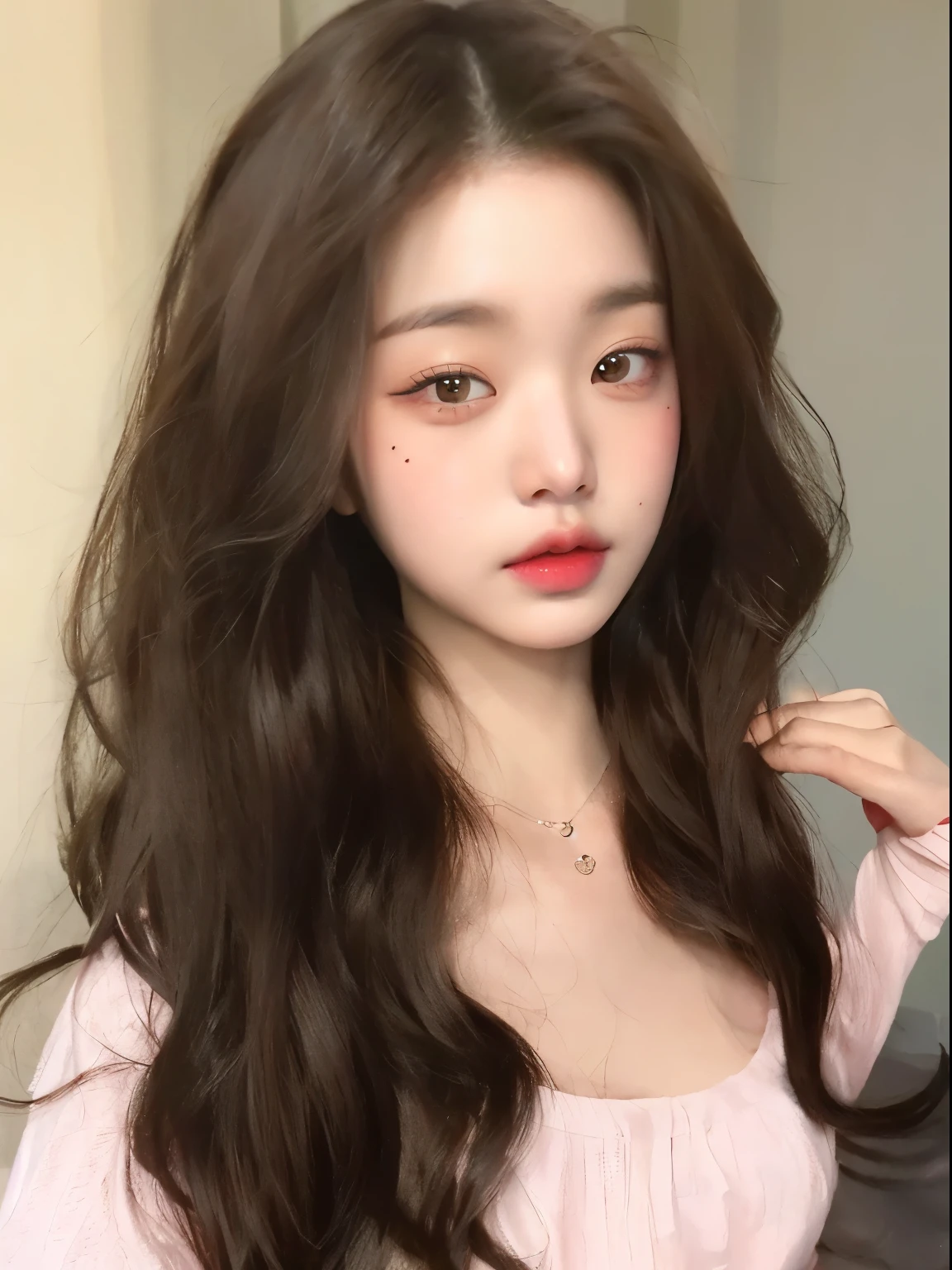 Un primer plano de una mujer con el pelo largo que lleva una camisa rosa, ulzzang, Blackpink Jennie, maquillaje popular de Corea del Sur, con cabello largo y rizado, maquillaje coreano popular, cara muy bonita, Joven y adorable rostro coreano, cabello ondulado extendido, Ojos grandes y cabello largo y suelto, brown wavy hair, Wan adorable cara coreana, Cabello ondulado oscuro vibrante, Retrato realista kawaii