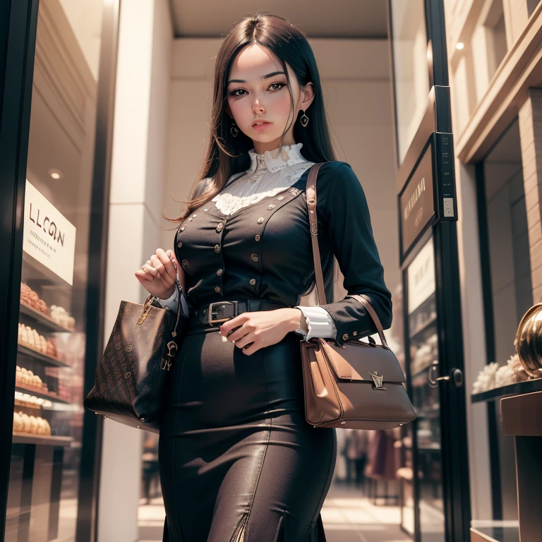 panoramic view, super detailed luxury women purse bag with Louis vuitton monogram pattern logo, at a highly detailed leather bag purse, luggage, shop window background,  Photorealistic, luxury, fine detail, Italian couture, Photorealism, Full-HD, 1080p, 16k, Realistic, Hyperrealistic, Hyper Real, digital, model face towards camera, proportionate body feater slip waist, small hands