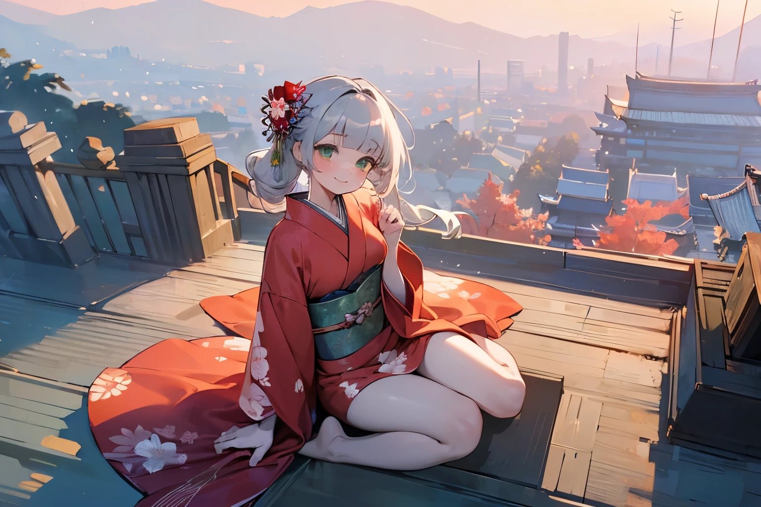 ((Masterpiece)), (Professional Photography:1.2), (High Definition:1.3), from above, best quality, 8K, Textured skin, (outdoor), 1girl, (short stature), sit on the ground, ((cute  girl)), (very blunt bangs, slightly loose curls hair, breasts length hair, high details of pale silver hair), (blush, smile), brilliant green eyes, (drooping eyes), (cute pose), barefoot, small breasts, slender waist, ((wearing kimono,)), (beautiful Japanese dress), ((Gorgeous flower patterned kimono)), morning at dawn, cityscape, (winter day)