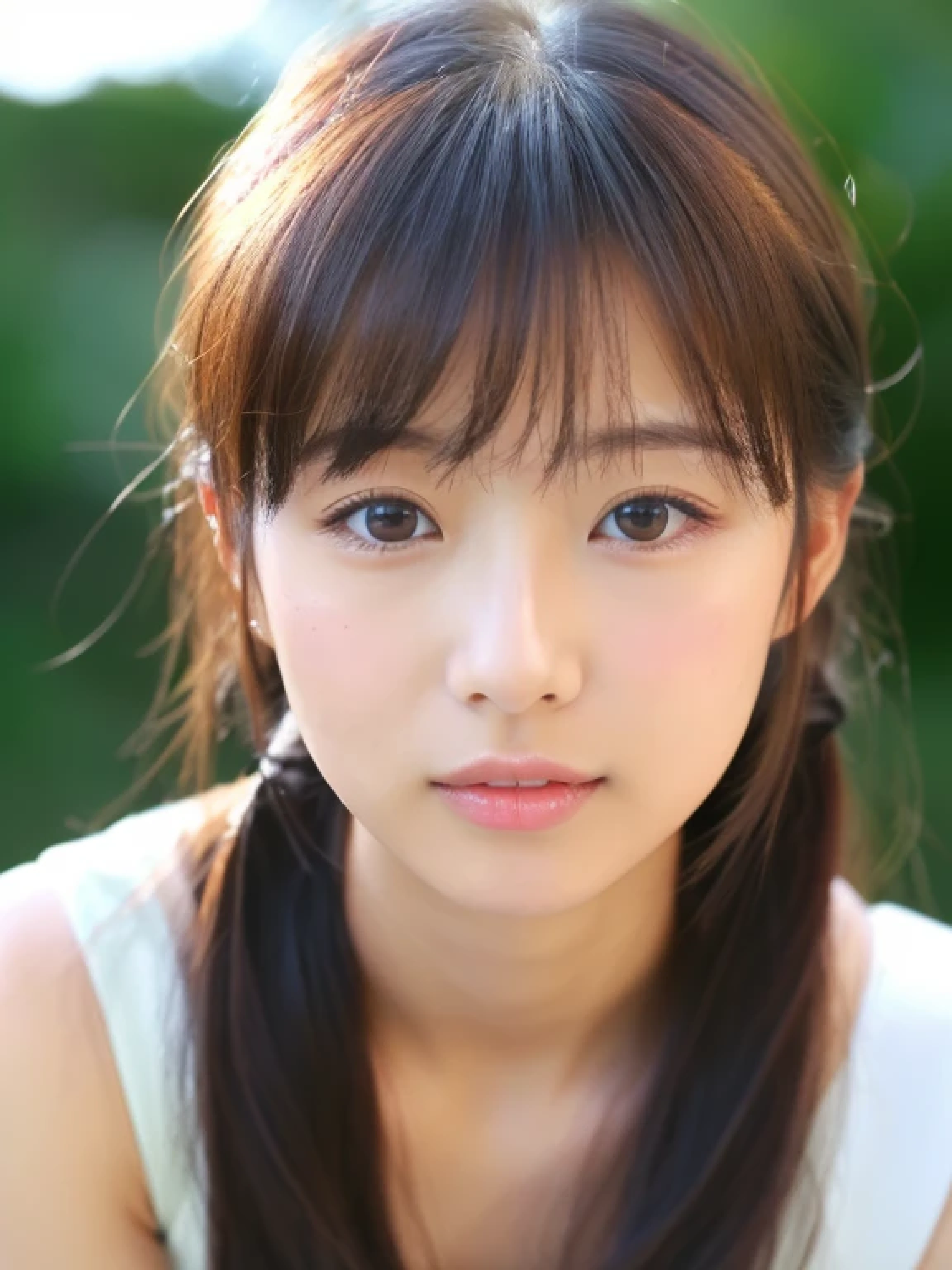 ((cute little日本の女の子、Beautiful japanese girl、1 girl in、age19、poneyTail、Highly detailed facial and skin texture、refinement、hyperdetailed face、ultradetailed eyes、blusher、blush、teak、ピンクのteakを塗った頬、close-up of woman、bustup、frontageを向いている顔、frontageを向いている体、Looking at the camera、frontage、cute little、smooth white skin、Transparent skin texture、))、(dark brown  hair、bangss)、Beautiful Women in Perfect Style：1.4、Japanese Models、Young gravure idols、若いcute littleグラビアアイドル、Realistic Young Gravure Idol、refinementされたグラビアアイドル、((top-quality、in 8K、​masterpiece:1.3、１Photo))、(4K、RAW Photography、top-quality)、(reallistic、フォトreallistic:1.37)、Place a person on the other side of the screen、natural soft light、upper body and head、refinement、