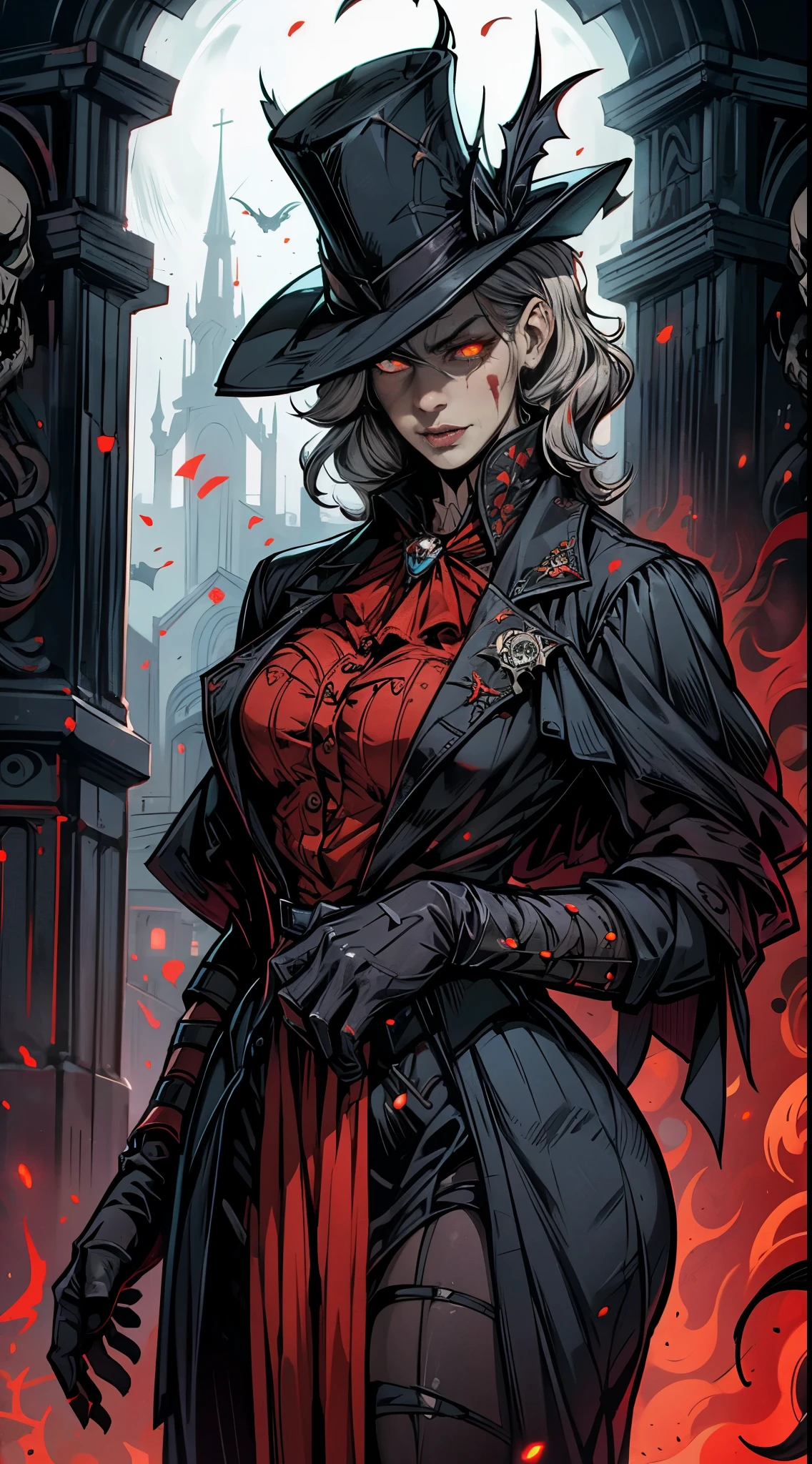 （comical，A high resolution，super-fine），（Vampires），（((Red glowing eyes))）looks into camera，Evil eyes in the shadows，Clear facial features，（Top hat），Vampire fangs exposed，Wear gorgeous gothic dresses，Silvery hair，rosette，Skull decoration，the bats，The body is surrounded by red mist，rays of moonlight，Kingly temperament，cinematic rim light，The light is delicate，tmasterpiece，ultra - detailed，Epic composition，Super HD，high qulity，HighestQuali，32K