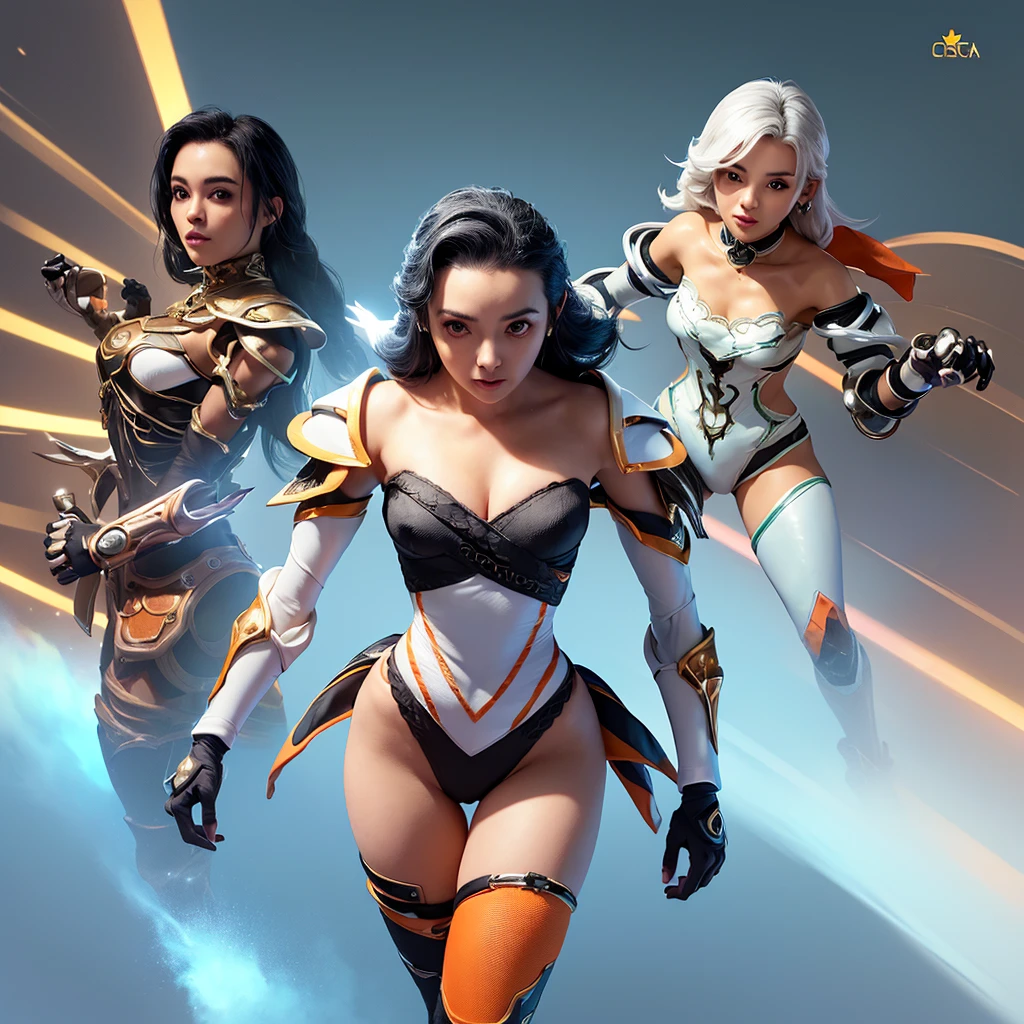 3 young women, (((muita roupa))), corpo inteiro, from head to toes, standingn, Feminino, (((Pele Escura))), Cabelo preto com Rabo de cavalo, Olhos Azuis-Claros, Round Glasses with a Lightly Dark Lens with this Lens being Orange, and the Light Blue frame, ((Black Metallic Gauntlets and Greaves with Orange and Silver Highlights)), (((As Roupas tem uma Mistura de Moderno e Tribal))), tendo em sua Maioria a Cor Preta, mas tendo Partes em Laranja, Shoulders on Display, On the Hip, a Short that extends to Half the Thigh in black. (((em linhas douradas hiper realistas e detalhadas plugsuit sci-fi iluminado por neon armadura mecha branca, Ethereal Aesthetic Style))) mulher morena da beleza com cabelo de cavalinha realista, intrincado rosto de beleza perfeita, olhos afiados detalhados, Rosto detalhado, (((From face to waist))), (((Forma de beleza))), master part, 4k, UHD