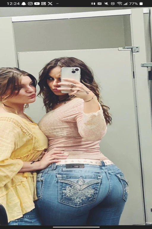 two women taking a selfie in a mirror in a bathroom, bella thorne and megan fox, high quality upload, snapchat photo, mirror selfie, beautiful girls, posing!!, profile image, lana del rey and zoë kravitz, 💋 💄 👠 👗, profile picture, selfie photo, profile pic, two models in the frame, beautiful women, mirror selfie, beautiful girl, big ass, huge ass, bbw, from behind, thick, thick thighs, wide hips, bbw, big tits, sideboob, giant ass, back view, big butt, round butt, tight underwear, underwear halfway off, underwear taking off, grabbing ass, ass spilling over underwear, too thick for clothes, looking left, leftwards