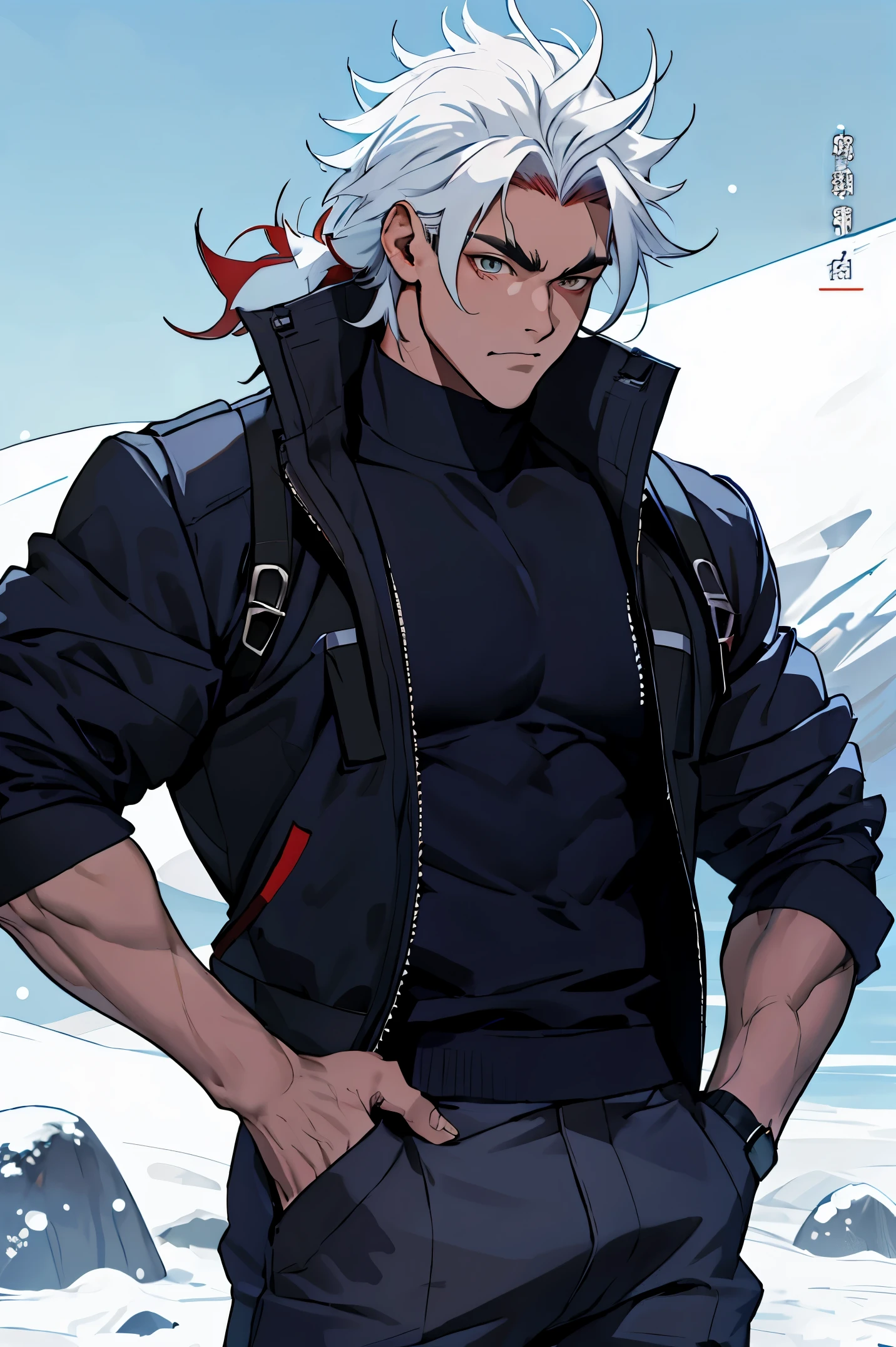 Macho bonito, ele tem cabelo branco, quase sempre despenteado, e sempre penteado pra cima,tip cabelo do personagem Satoru Gojo do anime Jujutso Kaisen, mas tem um certo olhar para ele. He's tall, com ombros largos, musculoso. His face is very masculine, mas ele tem olhos realmente gentis. Olhos azuis cristalinos extremamente atraentes,cara de cafajeste, The eyelashes as well as the hair and eyebrow are white as snow,mas sem exagerar. large bulge. pants pants. camisa de gola alta e preta,um homem muito atraente.