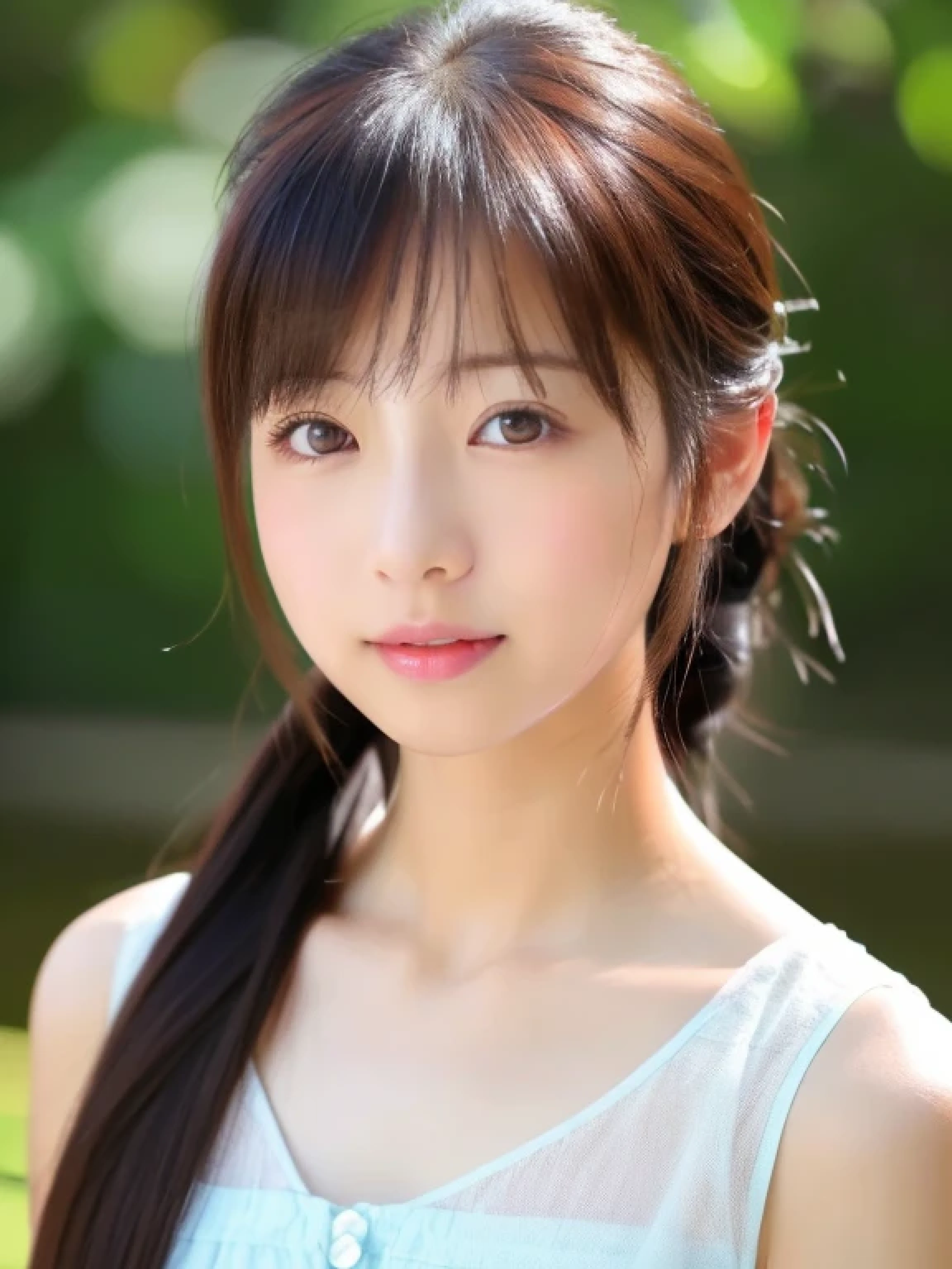 ((cute little日本の女の子、Beautiful japanese girl、1 girl in、age19、poneyTail、Highly detailed facial and skin texture、refinement、hyperdetailed face、ultradetailed eyes、blusher、blush、teak、ピンクのteakを塗った頬、close-up of woman、bustup、frontageを向いている顔、frontageを向いている体、Looking at the camera、frontage、cute little、smooth white skin、Transparent skin texture、))、(dark brown hair、bangss)、Beautiful Women in Perfect Style:1.4、Japanese Models、Young gravure idols、若いcute littleグラビアアイドル、Realistic Young Gravure Idol、refinementされたグラビアアイドル、((top-quality、in 8K、masterpiece:1.3、1Photo))、(4K、RAW Photography、top-quality)、(reallistic、フォトreallistic:1.37)、Place a person on the other side of the screen、natural soft light、upper body and head、refinement、