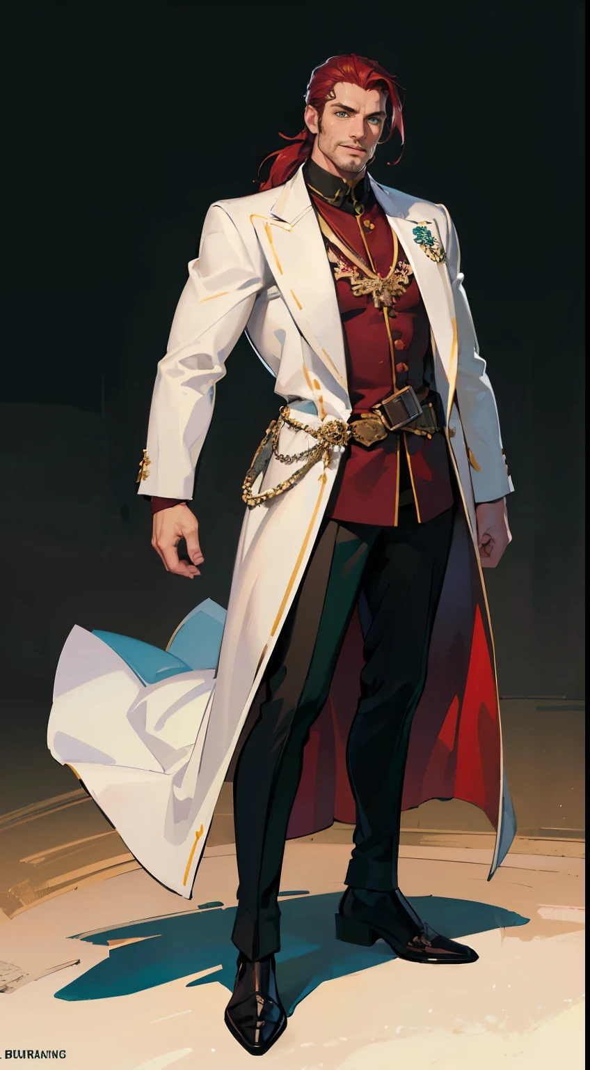 ((masterpiece,best quality,8k,highres)),((character concept art)), 1 male, middle-age man, king, 190cm tall, extraordinary charming man, menacing, (smirk smile), super great body build ((burly,muscular)), ultra finely detailed eyes, (green eyes colour), intricate details, (viking hairstyle), (maroon hair colour), super finely detailed hands, ultra finely detailed fingers(((ten fingers))), Stylish royal full suit, black boots, standing still, full body showcase, (show full body), (no logos on background), (no logo), ((plain background)), ((plain background)), ((empty background))