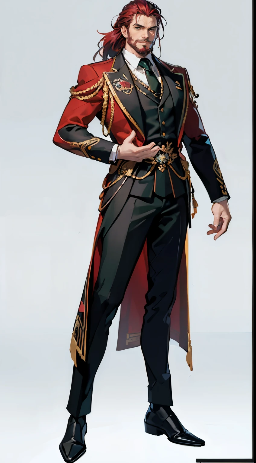 ((masterpiece,best quality,8k,highres)),((character concept art)), 1 male, middle-age man, king, 190cm tall, extraordinary charming man, menacing, (smirk smile), super great body build ((burly,muscular)), ultra finely detailed eyes, (green eyes colour), intricate details, (viking hairstyle), (maroon hair colour), short viking beard, super finely detailed hands, ultra finely detailed fingers(((ten fingers))), Stylish royal full suit, black boots, standing still, full body showcase, (show full body), (no logos on background), (no logo), (( background)), ((plain background)), ((empty background))