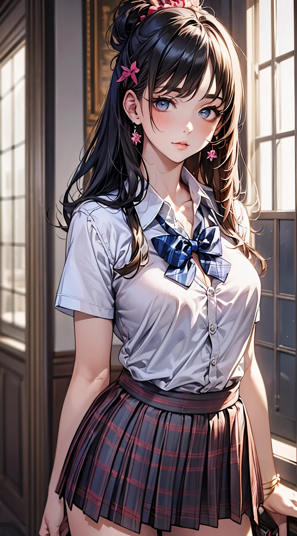 ((masutepiece, Best Quality, hight resolution, nffsw, Perfect Pixel, 4K, nffsw, nffsw))), 1girl in, Single, Solo, Beautie、full body seen、 ((Middle Wave Hair, Bangs, Brown hair)), ((Brown-eyed, Beautiful eyelashes, Realistic eyes)), ((Detailed face, Blushing:1.2)), ((Smooth texture:0.75, Realistic texture:0.65, Photorealistic:1.1, Anime CG style)), medium breasts, Dynamic Angle, Perfect body, ((red bowtie, School uniform, , Unbuttoned white shirt, Black skirt, plaid skirts)), Classroom、early evening、sitting down on the floor、Slouched、Very embarrassing panic smile, 、(no-bra、Transverse breasts、Emphasis on the chest、opens legs、Open both knees、Light pink floral lace panties)、