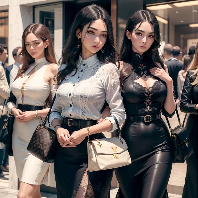 panoramic view, super detailed luxury women purse bag with Louis vuitton monogram pattern logo, a beautiful sophisticated model, face towards camera, proportionate body features, brown leather dress, white sheer blouse, slim waist, small hands holding 1 purse, 5 fingers on each hand, at a highly detailed leather bag purse, luggage, shop window background, Photorealistic, luxury, fine detail, Italian couture, Photorealism, Full-HD, 1080p, 16k, Realistic, Hyperrealistic, Hyper Real, digital, a beautiful sophisticated model, face towards camera, proportionate body features, slim waist, small hands holding 1 purse, 5 fingers on each hand,