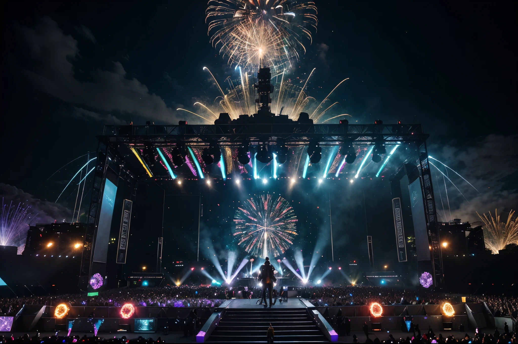 Show Tomorrowland festival, (ultra-realistic:1.2), (48k:1.1), vibrant colors, (bokeh:1.1), dynamic lighting, lively atmosphere, electronic dance music, massive stage, energetic crowd, impressive fireworks, stunning visual effects, elaborate decorations, futuristic technology, high-resolution screens, immersive audio system, laser lights, holographic projections, international DJs, extravagant costumes, creative stage designs, captivating visuals, synchronized light shows, pulsating beats, electrifying energy, magical and dreamlike ambiance, engaging performances, immersive experience, state-of-the-art sound system, breathtaking landscapes, euphoric moments