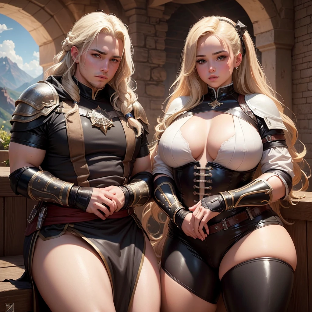 Two chubby curvy gay boys touching themselves sensually. (masterpiece),(best quality), cute detailed digital art, beautiful face, long blond hair, curly hair. hair up, castle, mountain, latex in assassin creed theme, morocco theme. War scene. Make them like moving.