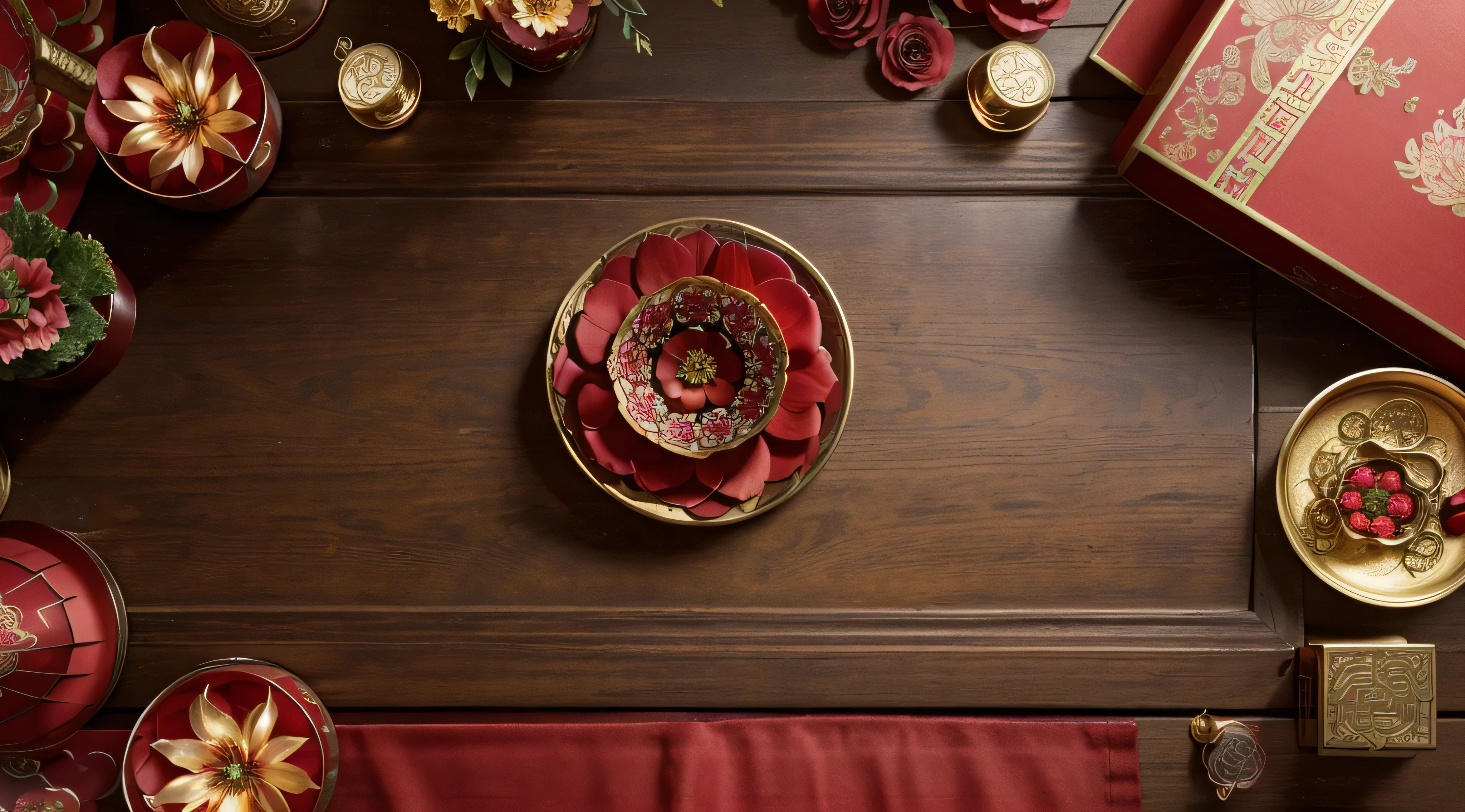 (Gilt line drawing style,Red Jewel,China Chinese New Year's Eve night,New Year’s Flower Viewing Picnic, Complicated details), Stunning composition, (Best quality at best, 4K, A high resolution, tmasterpiece:1.2), ultra - detailed
