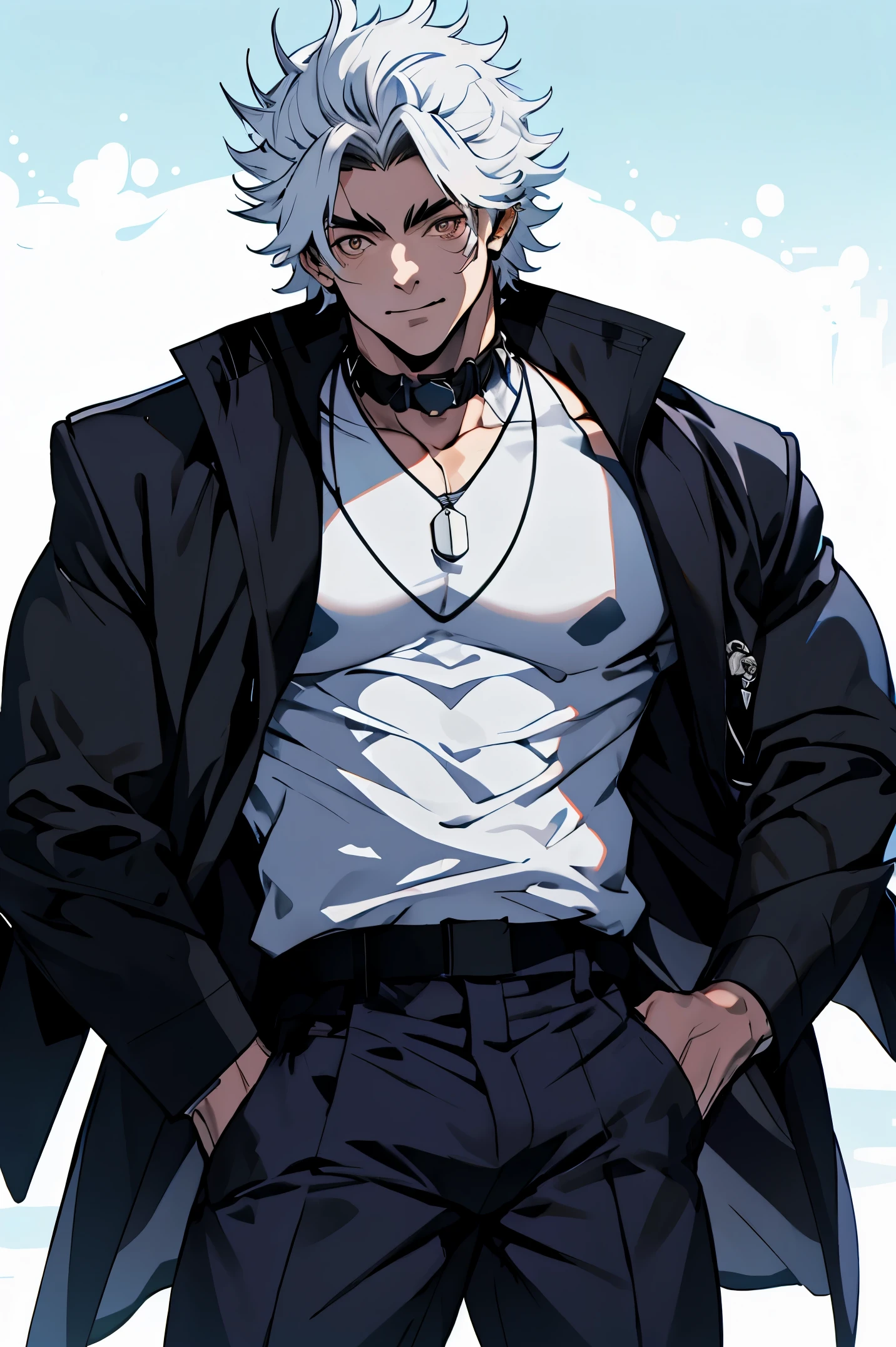 Macho bonito, ele tem cabelo branco, quase sempre despenteado, e sempre penteado pra cima,tip cabelo do personagem Satoru Gojo do anime Jujutso Kaisen, mas tem um certo olhar para ele. He's tall, com ombros largos, musculoso. His face is very masculine, mas ele tem olhos realmente gentis. Olhos azuis cristalinos extremamente atraentes,cara de cafajeste, The eyelashes as well as the hair and eyebrow are white as snow,mas sem exagerar. large bulge. pants pants. camisa de gola alta e preta,um homem muito atraente.