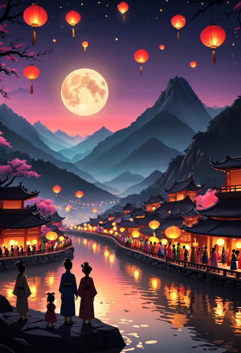 Traditional New Year's lantern festival in an East Asian hometown, river with floating lanterns, silhouette of mountains in the background, full moon, families gathering, (traditional attire:1.2) (soft ambient light) (colorful lantern glow) (serene atmosphere) (4k resolution)