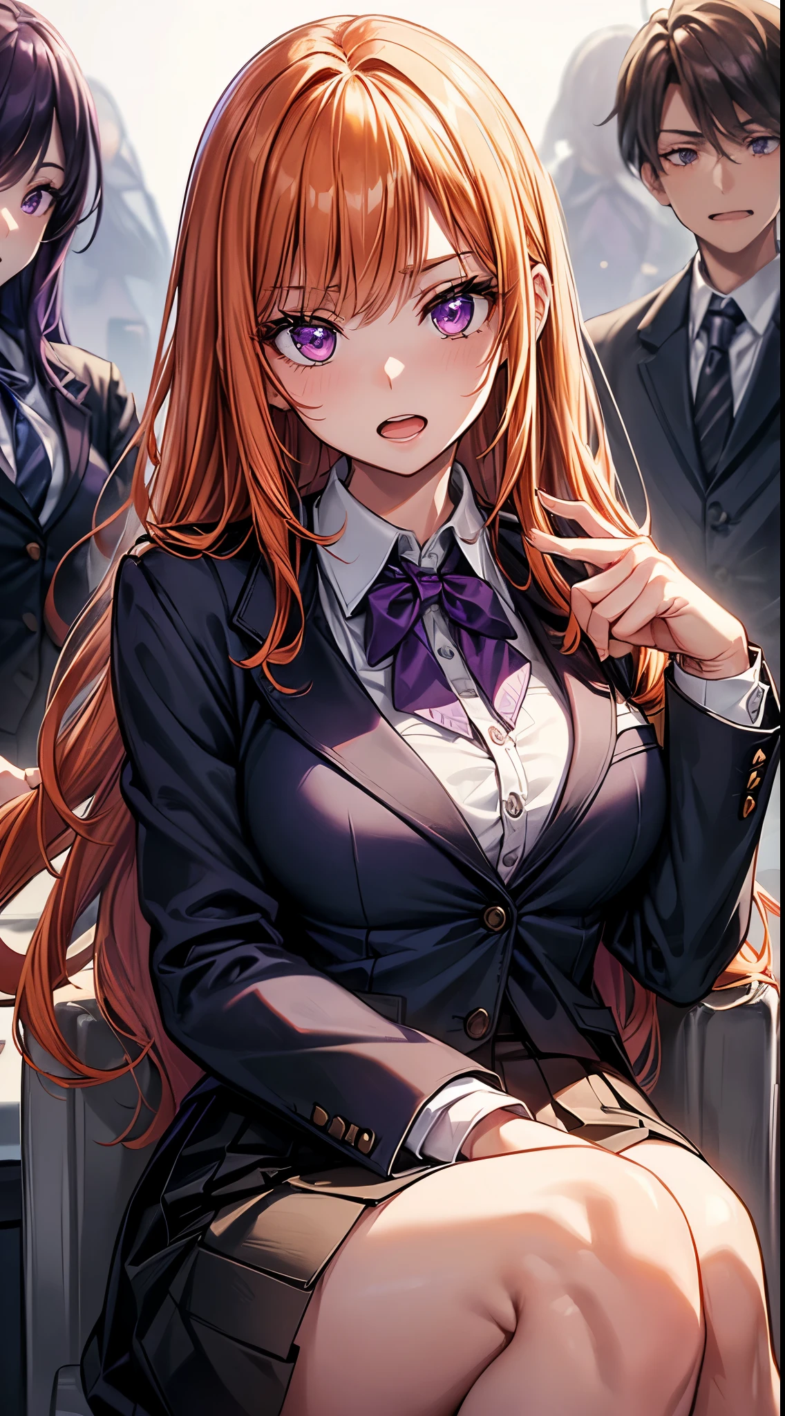 (cowboy shot), mature woman, 1girl, (masterpiece, best quality, ultra-detailed), sharp focus, detailed face, face focus, extremely detailed eyes, long hair, (hime cut), hair over shoulders, orange hair, purple eyes, long eyelashes, delicate makeup, medium breasts, slightly open mouth, ((dark purple academy uniform blazer, white button-up collar shirt underneath, dark purple skirt)), ((white background, reflection, pointing finger at open mouth, one hand resting on lap, people in distance)), soft lighting, rim lightning, ray tracing, shadowing, dynamic angle